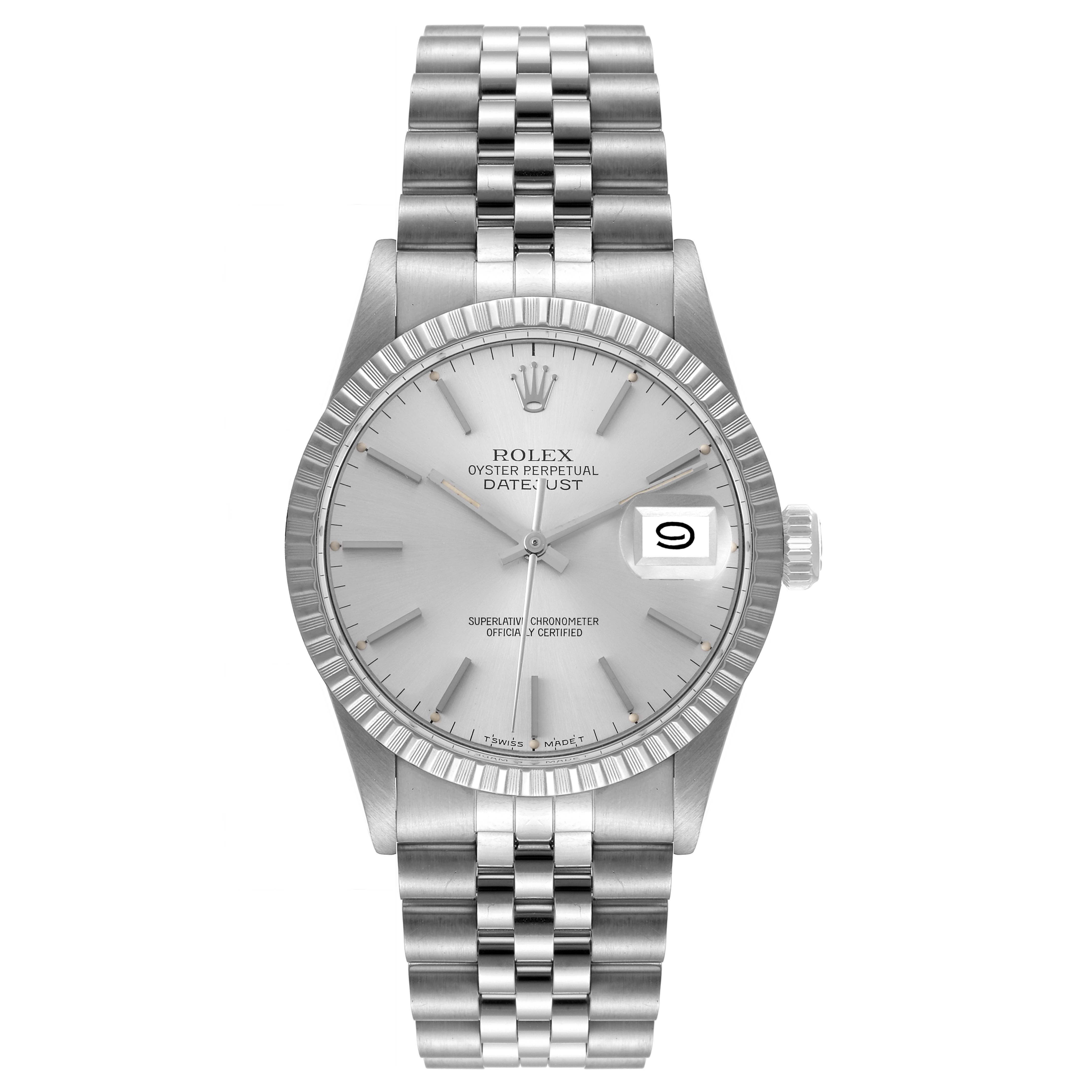 This image shows a front view of a Rolex Vintage Collection 16030 Men
s Stainless Steel Silver Dial 16030 Men
s Stainless Steel Silver Dial Datejust watch, displaying the face, bracelet, date window, and crown.