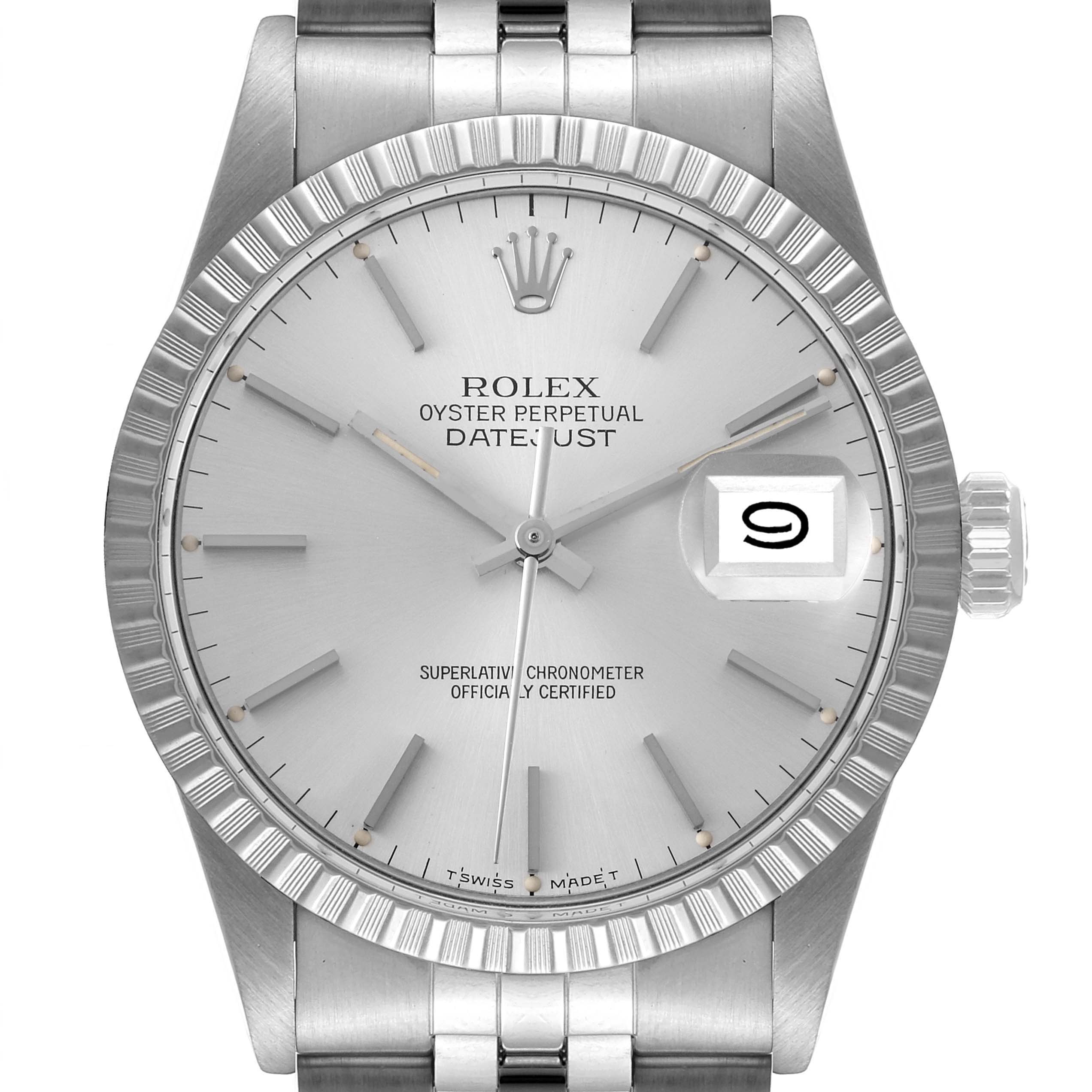 The image shows a front view of the Vintage Collection Rolex Oyster Perpetual Datejust watch, highlighting the dial, bezel, and bracelet.