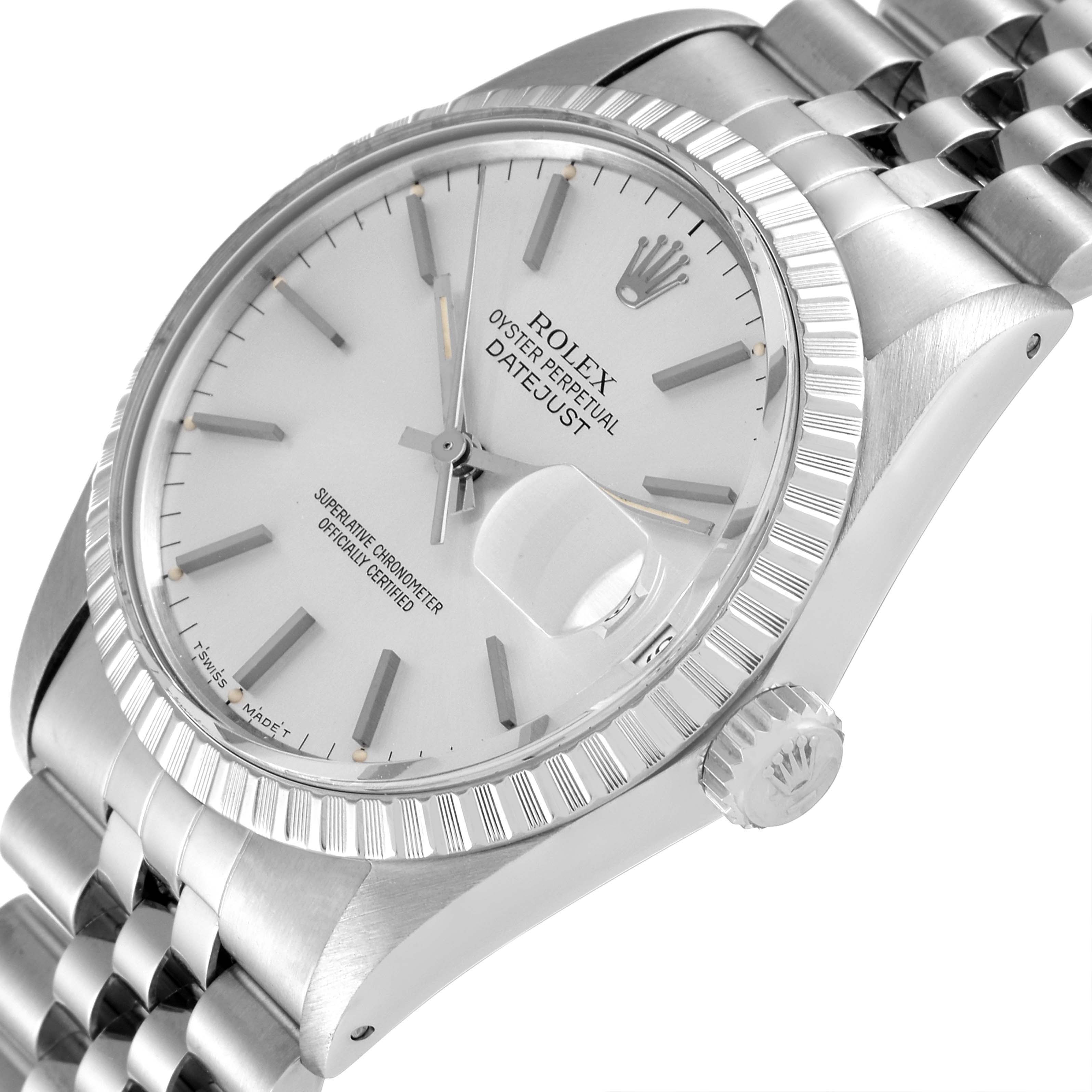 The image shows a close-up of a Rolex Vintage Collection 16030 Men
s Stainless Steel Silver Dial 16030 Men
s Stainless Steel Silver Dial Datejust watch, highlighting the dial, bezel, and part of the bracelet.
