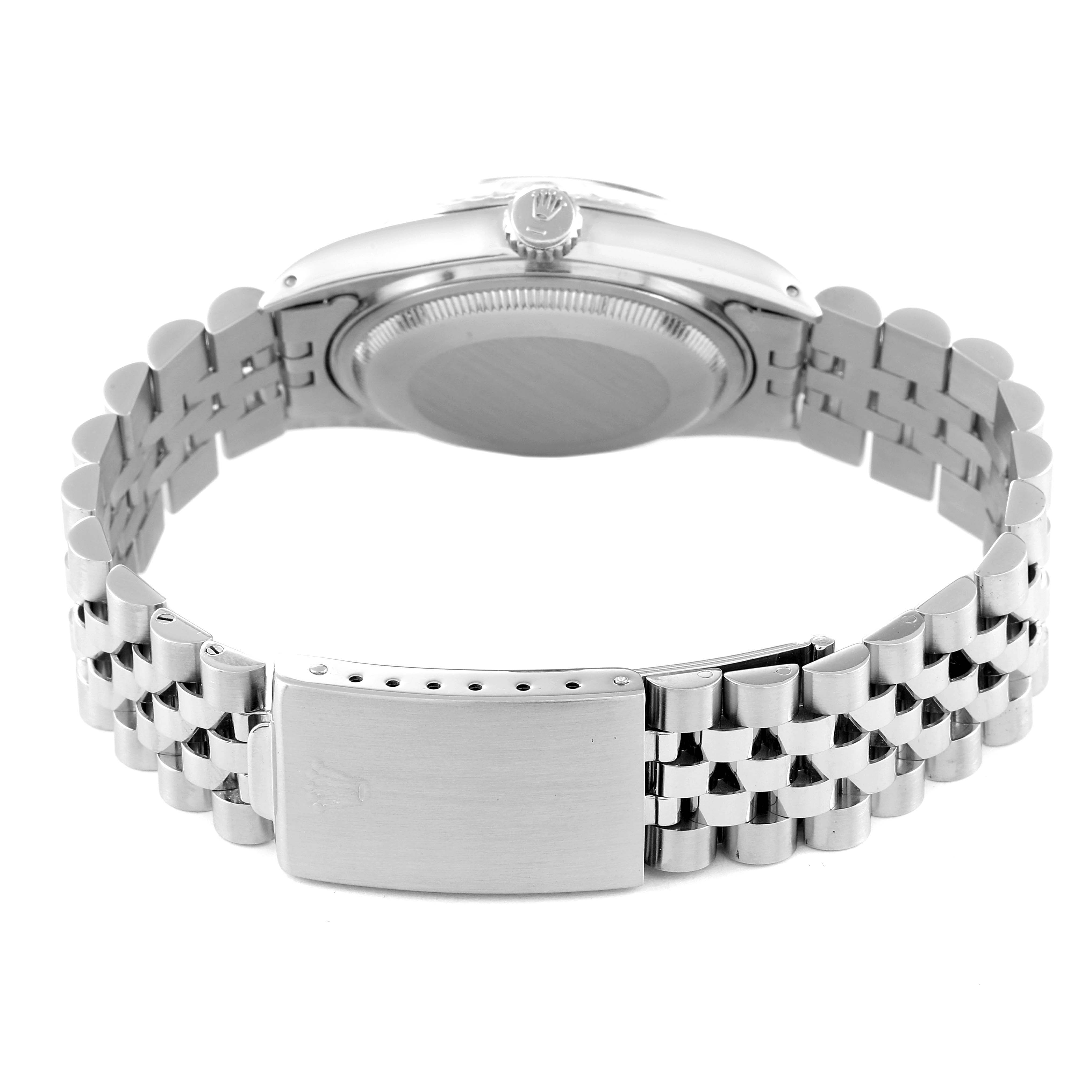 This image shows the back view of the Rolex Vintage Collection 16030 Men
s Stainless Steel Silver Dial 16030 Men
s Stainless Steel Silver Dial watch, focusing on the case, crown, and bracelet clasp.