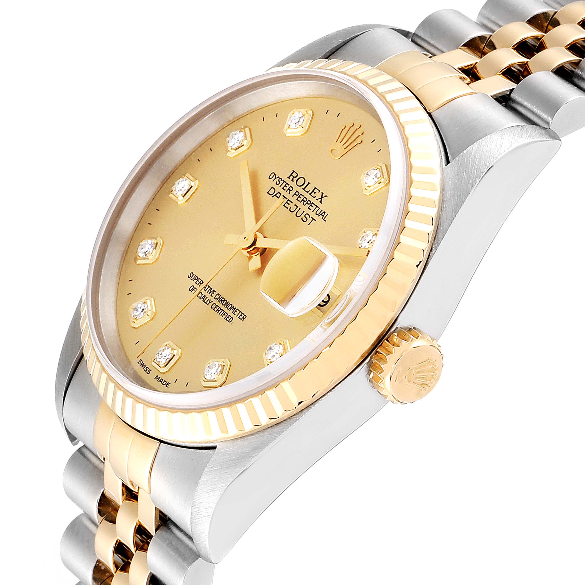This image shows a Rolex Datejust 16233 Men's Steel and Gold (two tone) Champagne Dial 16233 Men's Steel and Gold (two tone) Champagne Dial watch at an angled view highlighting the dial, bezel, crown, and part of the bracelet.