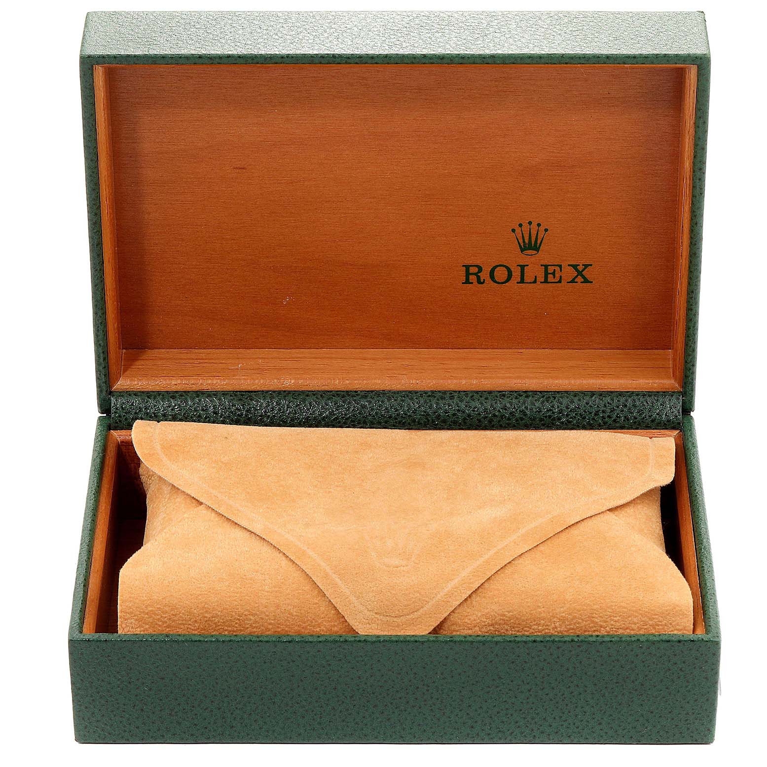 A Rolex Datejust 16233 Men's Steel and Gold (two tone) Champagne Dial 16233 Men's Steel and Gold (two tone) Champagne Dial model watch in its green and wood-grain box, covered with a tan suede pouch, viewed from the front.