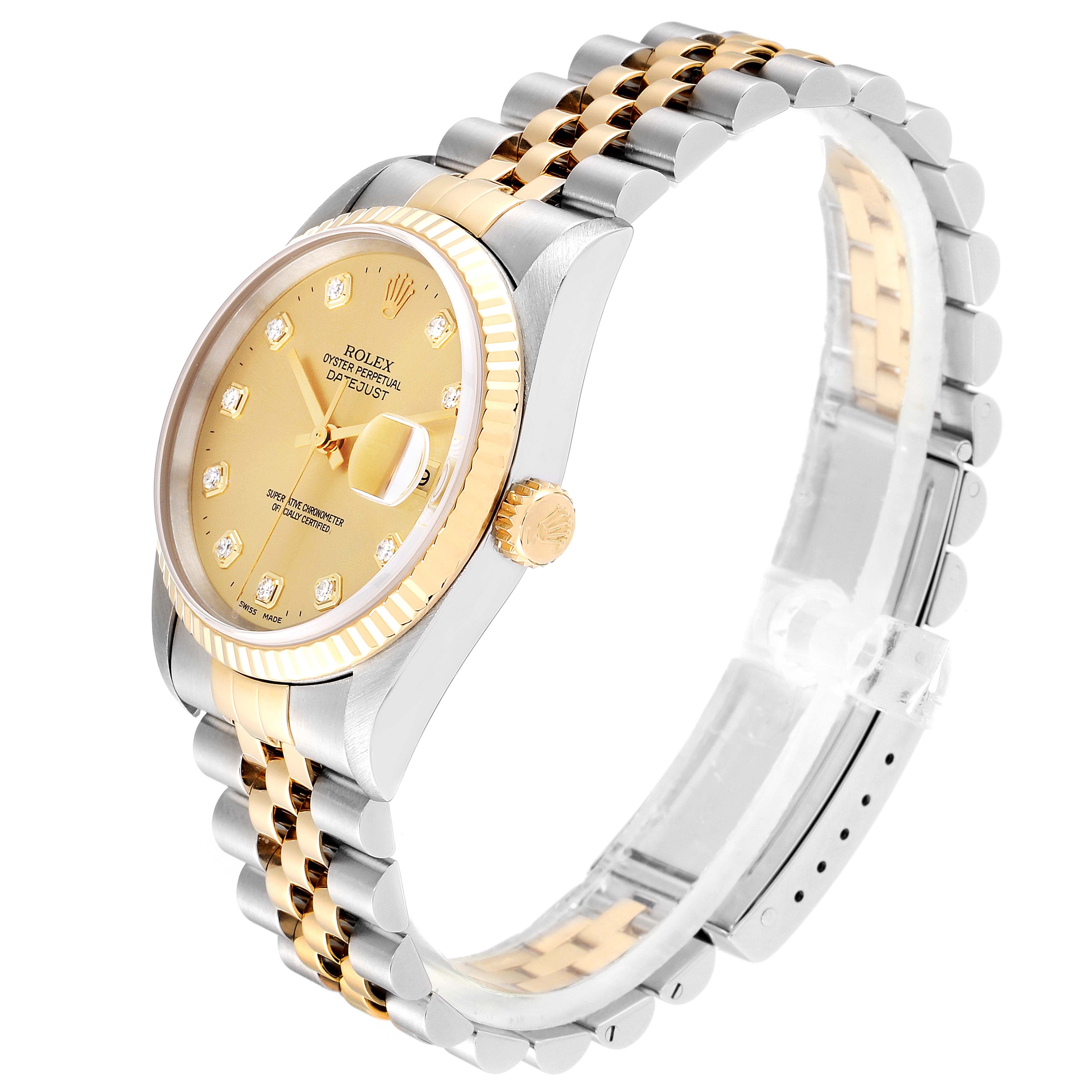 This image shows a side view of the Rolex Datejust 16233 Men's Steel and Gold (two tone) Champagne Dial 16233 Men's Steel and Gold (two tone) Champagne Dial watch, highlighting its gold and silver-toned case and jubilee bracelet.