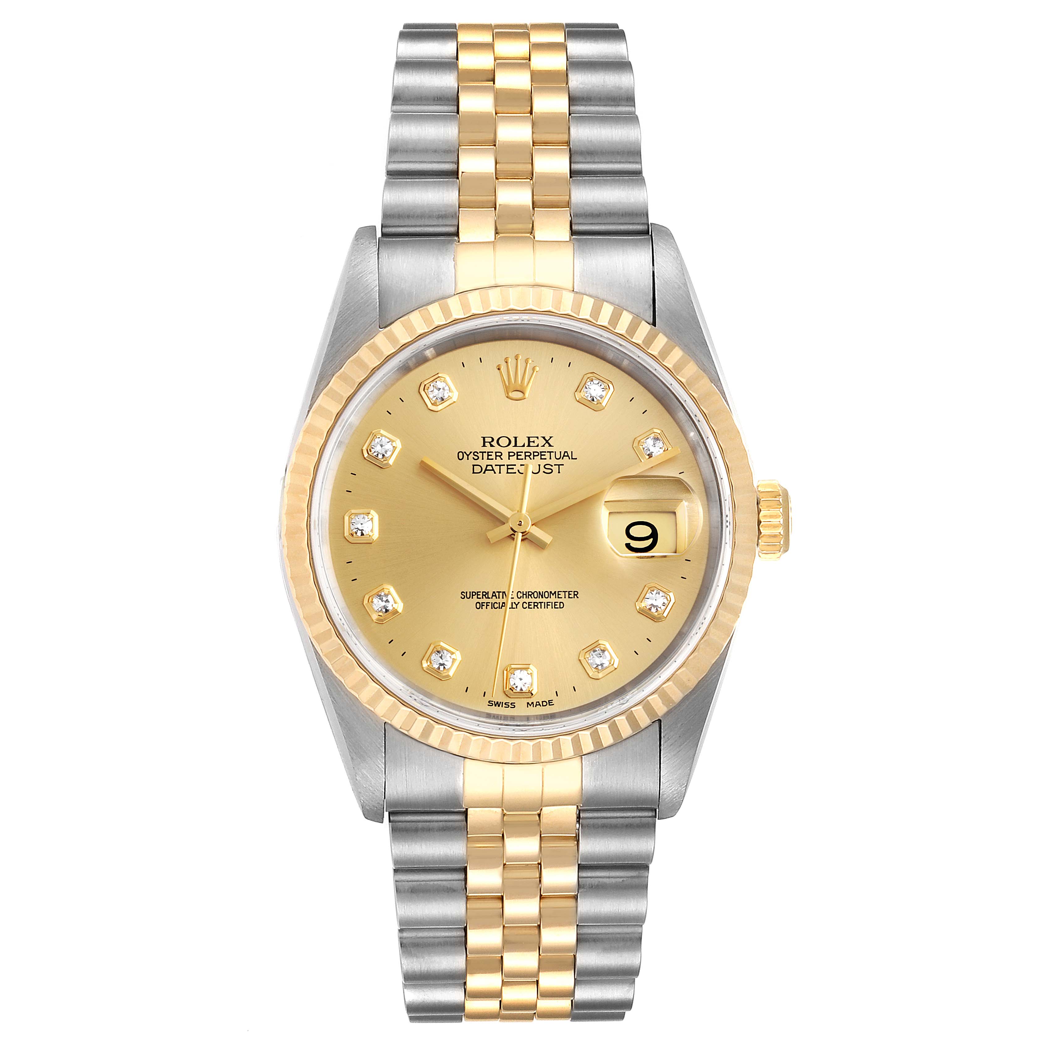 Rolex Datejust Steel 18k Yellow Gold Diamond Dial Mens Watch Swisswatchexpo