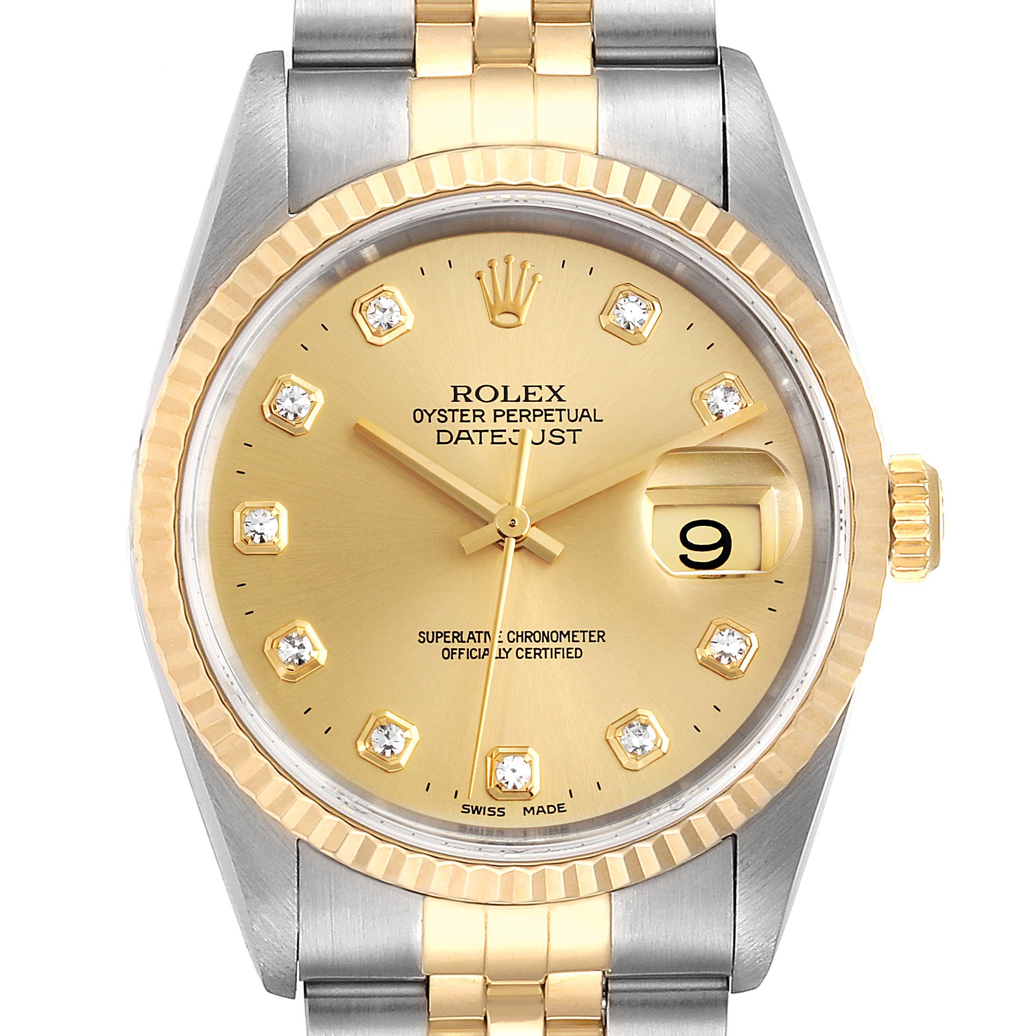 This is a close-up of the Rolex Datejust 16233 Men's Steel and Gold (two tone) Champagne Dial 16233 Men's Steel and Gold (two tone) Champagne Dial watch showcasing the face, dial, bezel, and part of the bracelet.