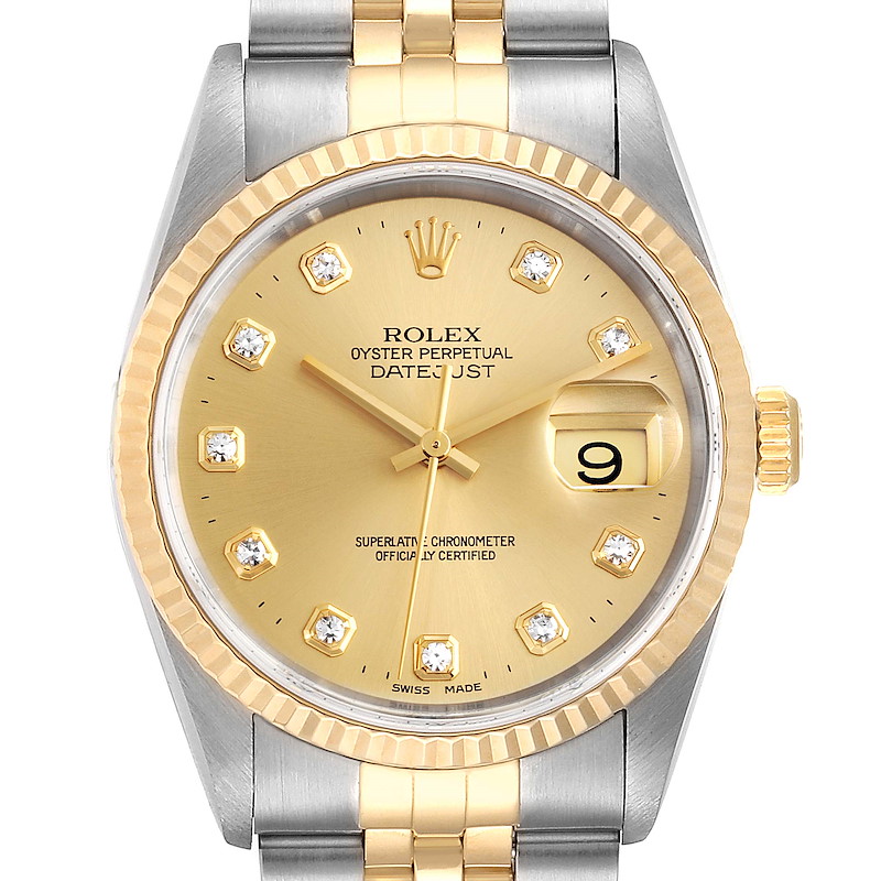 Rolex Datejust Steel 18K Yellow Gold Diamond Dial Mens Watch 16233 SwissWatchExpo