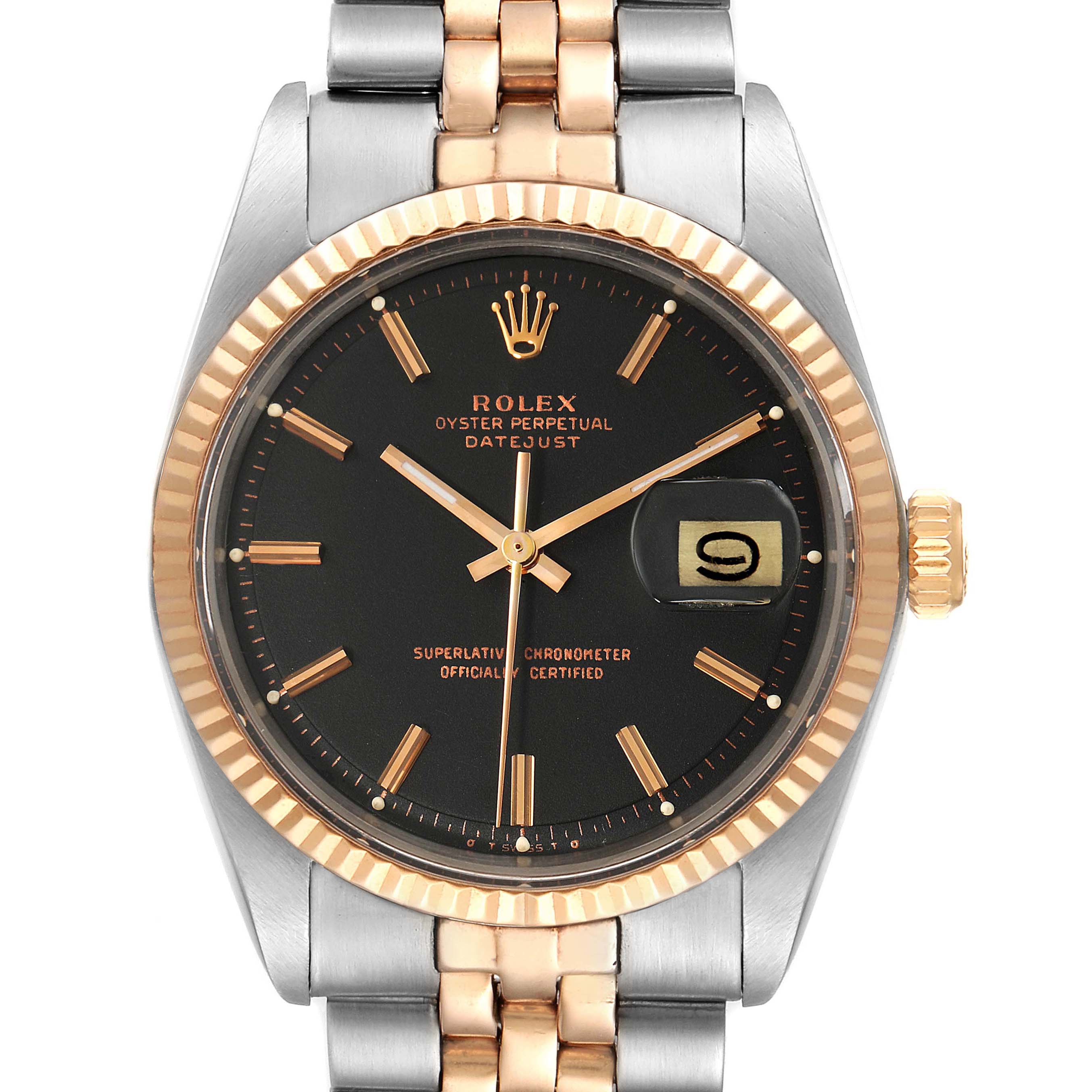 The Rolex Vintage Collection 1601 Men's Steel and Gold (two tone) Black Dial 1601 Men's Steel and Gold (two tone) Black Dial watch is shown from the front, featuring a black dial, gold markers, and a two-tone bracelet.