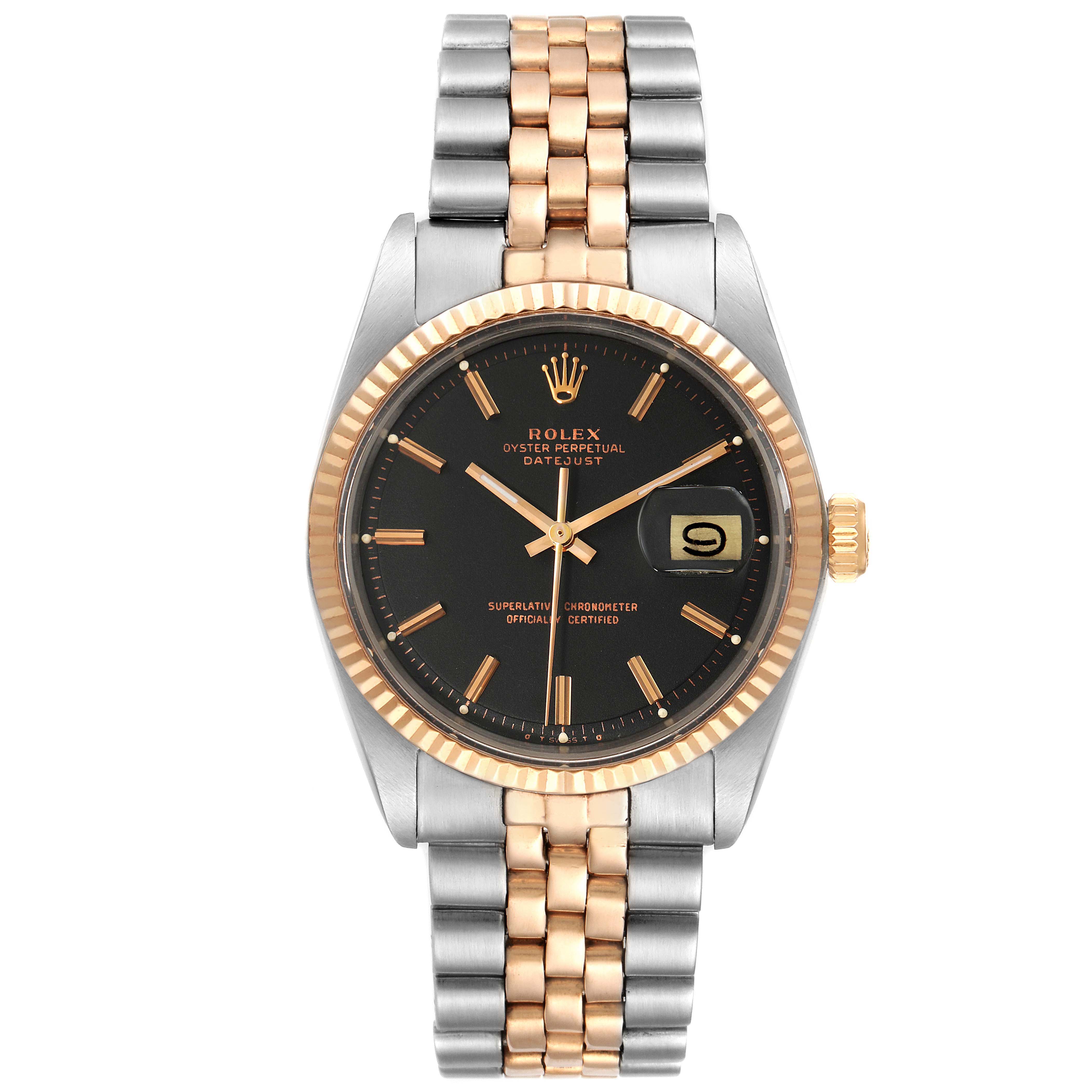 The image shows a front view of the Rolex Vintage Collection 1601 Men's Steel and Gold (two tone) Black Dial 1601 Men's Steel and Gold (two tone) Black Dial watch, highlighting its black dial, date window, and two-tone bracelet.