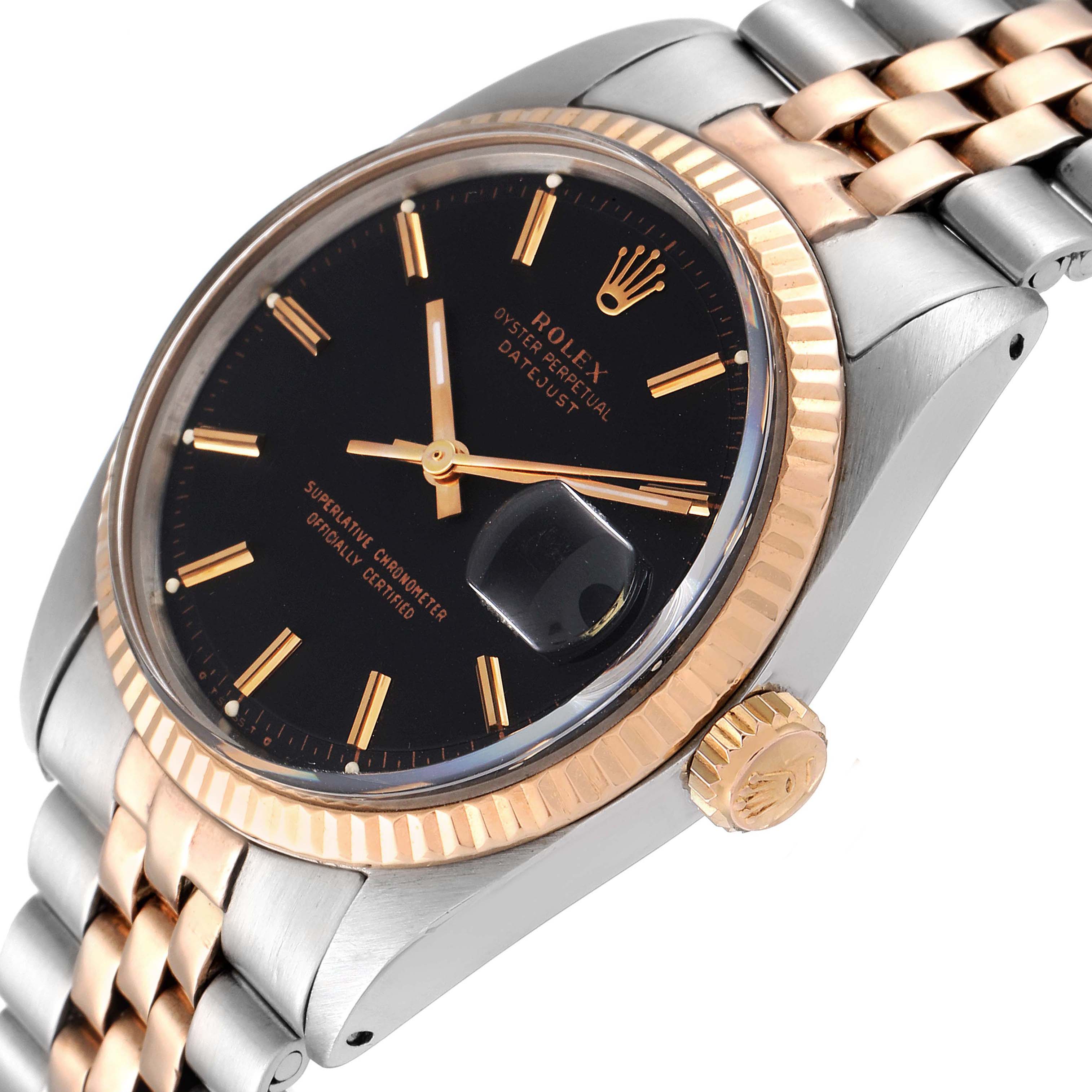 The image shows a Rolex Vintage Collection 1601 Men's Steel and Gold (two tone) Black Dial 1601 Men's Steel and Gold (two tone) Black Dial model from a slight side angle, highlighting the dial, bezel, crown, and bracelet.