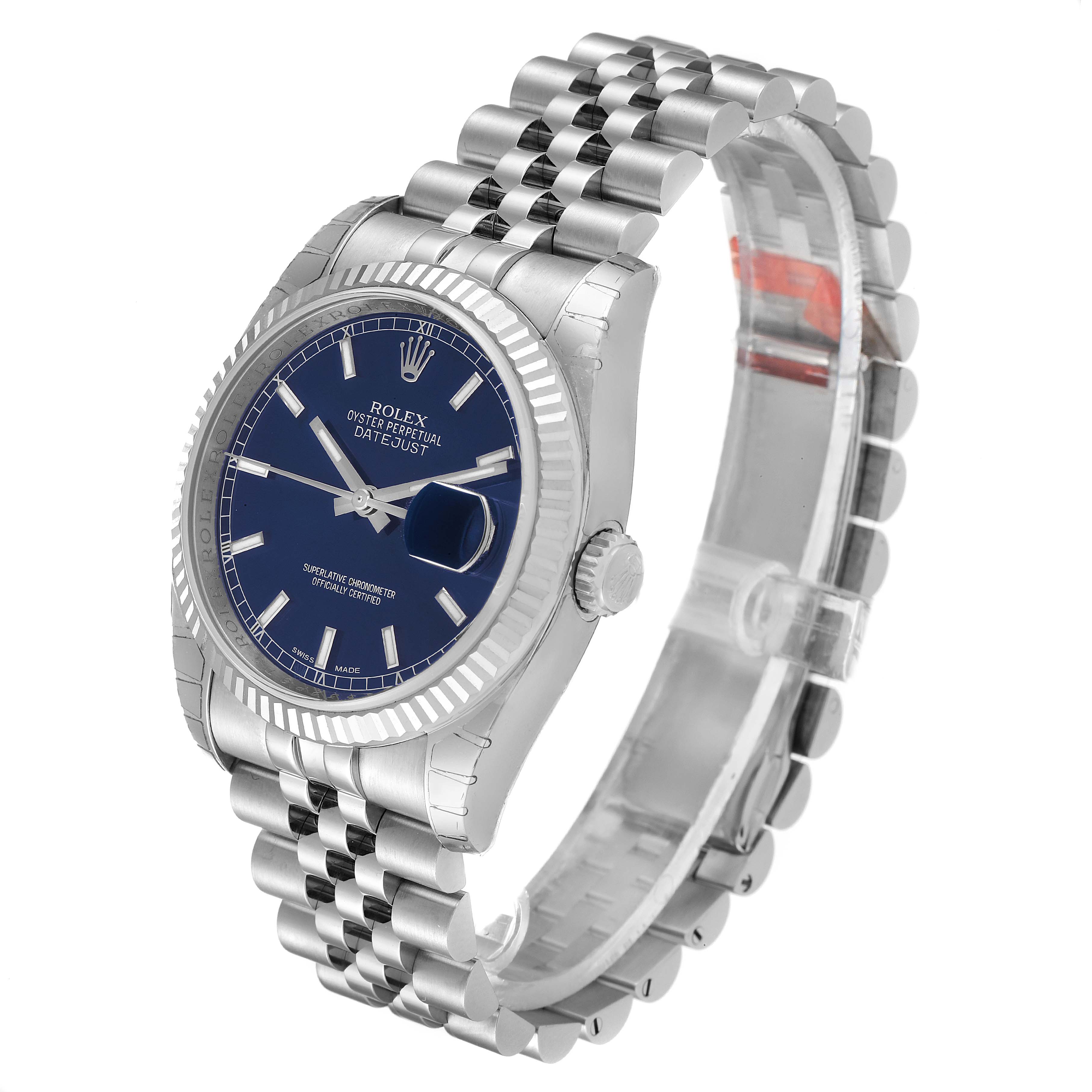 The image shows a Rolex Datejust 116234 Men's Stainless Steel Blue Dial 116234 Men's Stainless Steel Blue Dial watch taken from an angled side view, displaying the face, bezel, crown, and bracelet.
