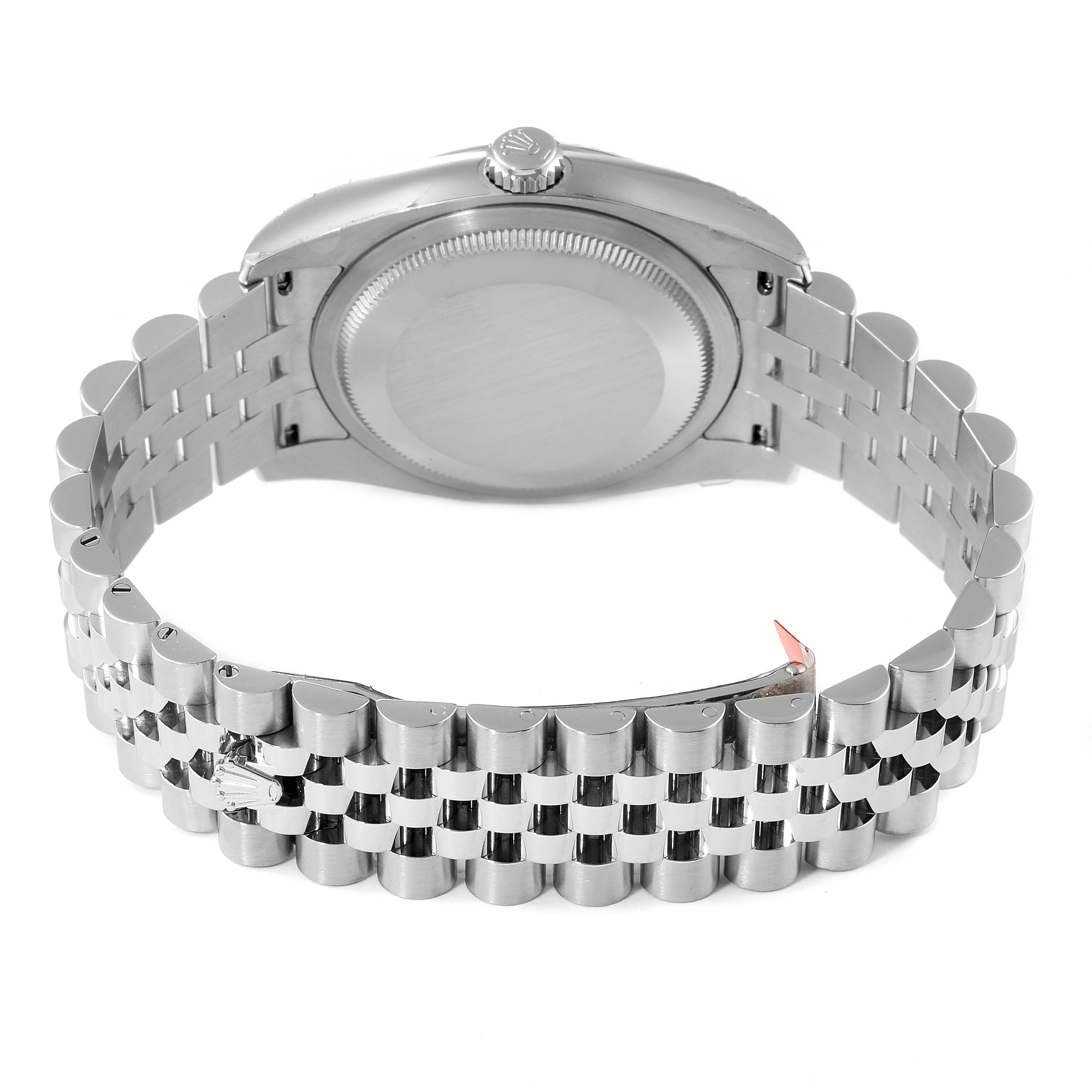 This image shows the back case and bracelet of a Rolex Datejust 116234 Men's Stainless Steel Blue Dial 116234 Men's Stainless Steel Blue Dial watch from an overhead angle.