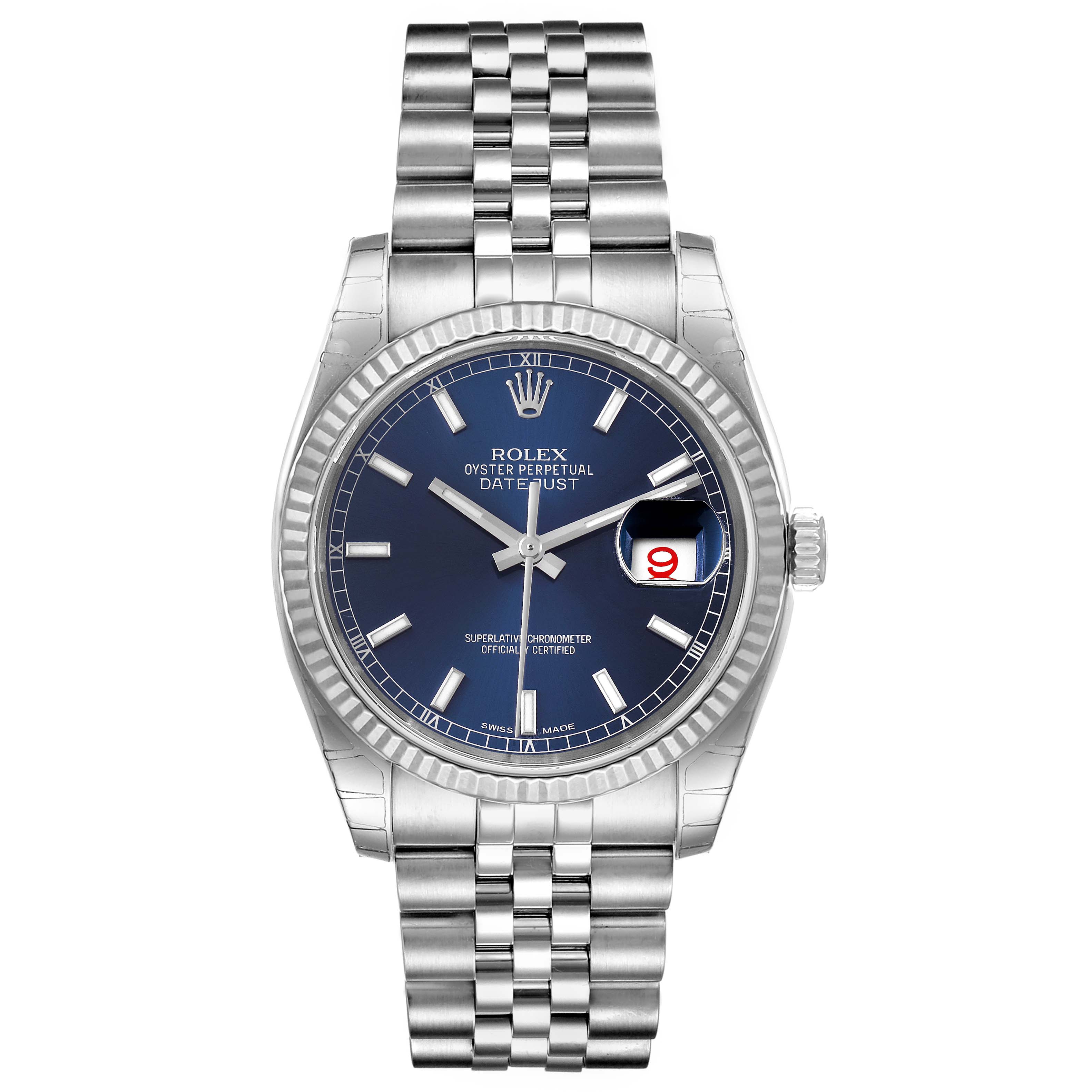 This Rolex Datejust 116234 Men's Stainless Steel Blue Dial 116234 Men's Stainless Steel Blue Dial watch is shown from a direct top view, highlighting its dial, bezel, and bracelet.