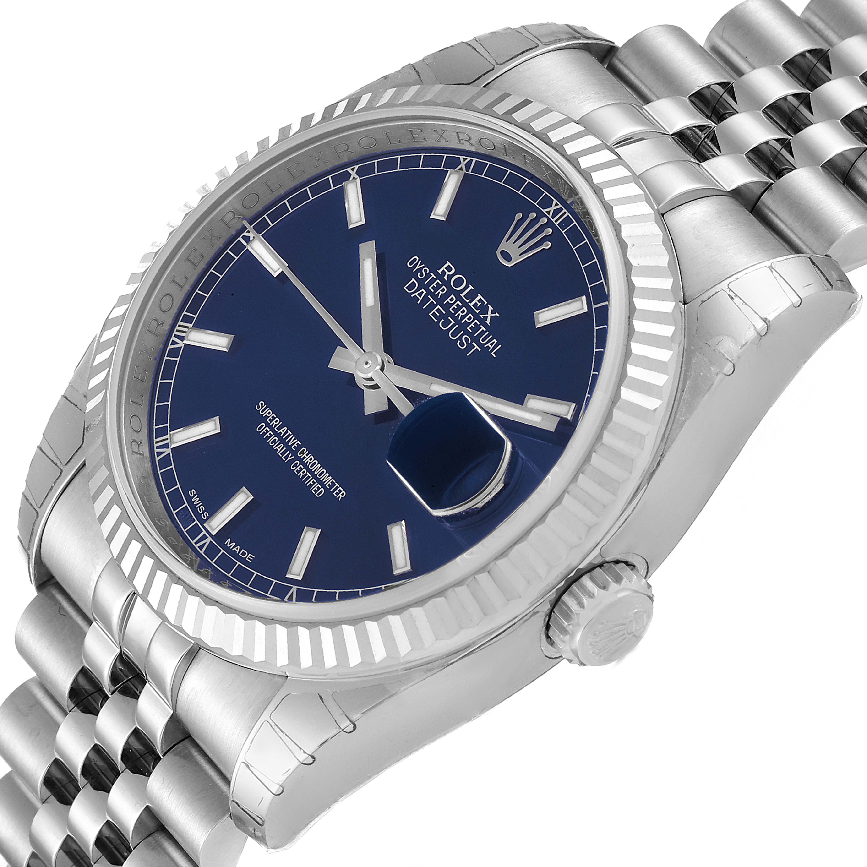 The image shows a close-up, angled view of a Rolex Datejust 116234 Men's Stainless Steel Blue Dial 116234 Men's Stainless Steel Blue Dial watch, highlighting the blue dial, fluted bezel, and jubilee bracelet.