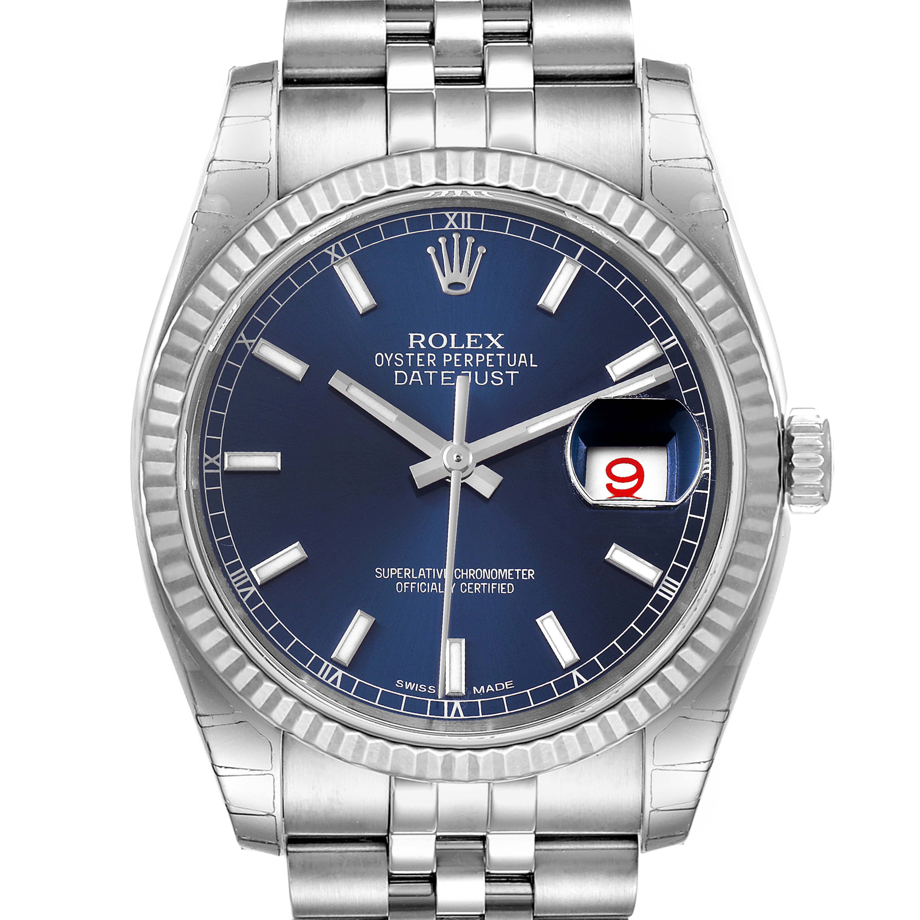 This image shows a front view of a Rolex Datejust 116234 Men's Stainless Steel Blue Dial 116234 Men's Stainless Steel Blue Dial watch with a blue dial and Jubilee bracelet.