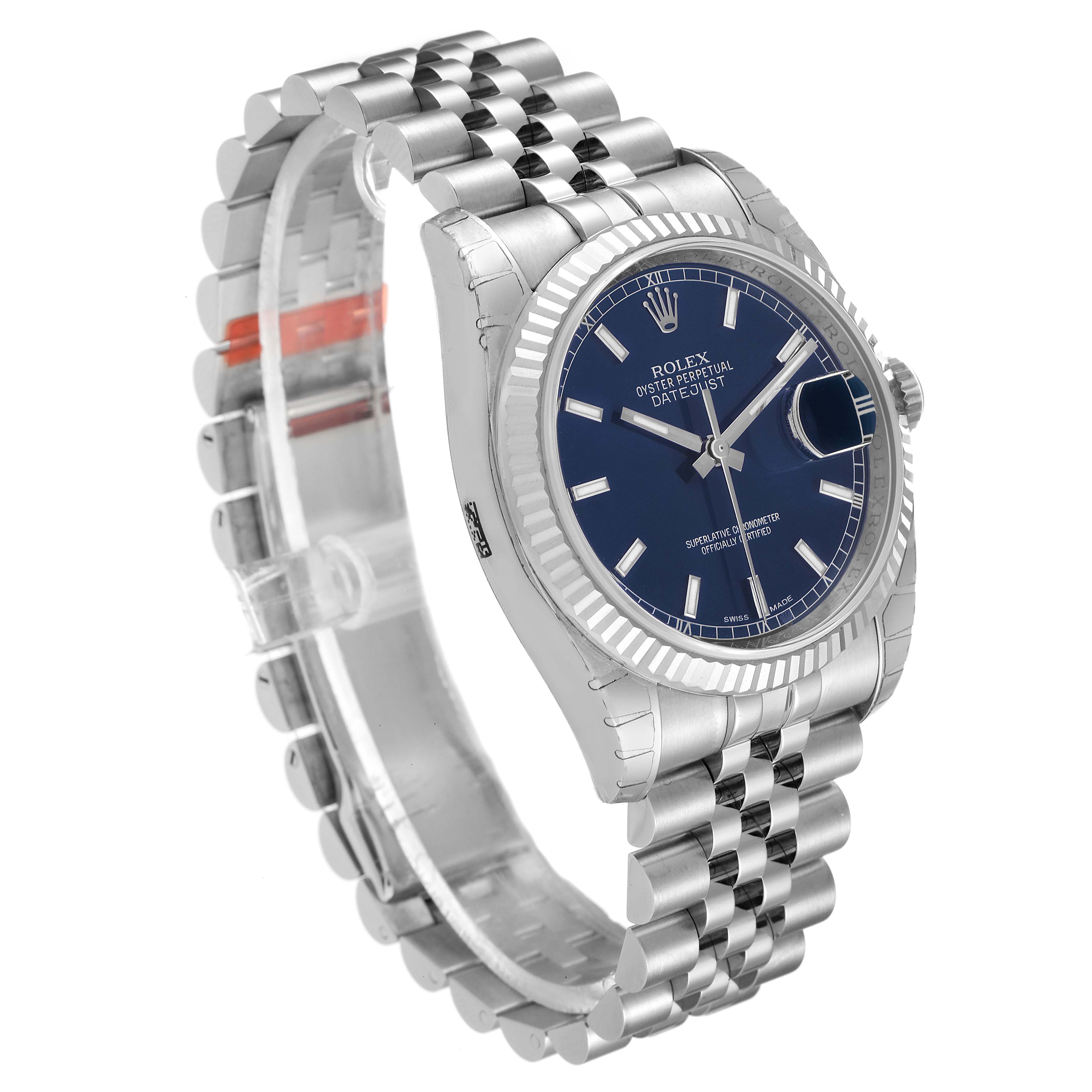 This image shows a Rolex Datejust 116234 Men's Stainless Steel Blue Dial 116234 Men's Stainless Steel Blue Dial watch from a front and left-side angle, highlighting the face, fluted bezel, and Jubilee bracelet.