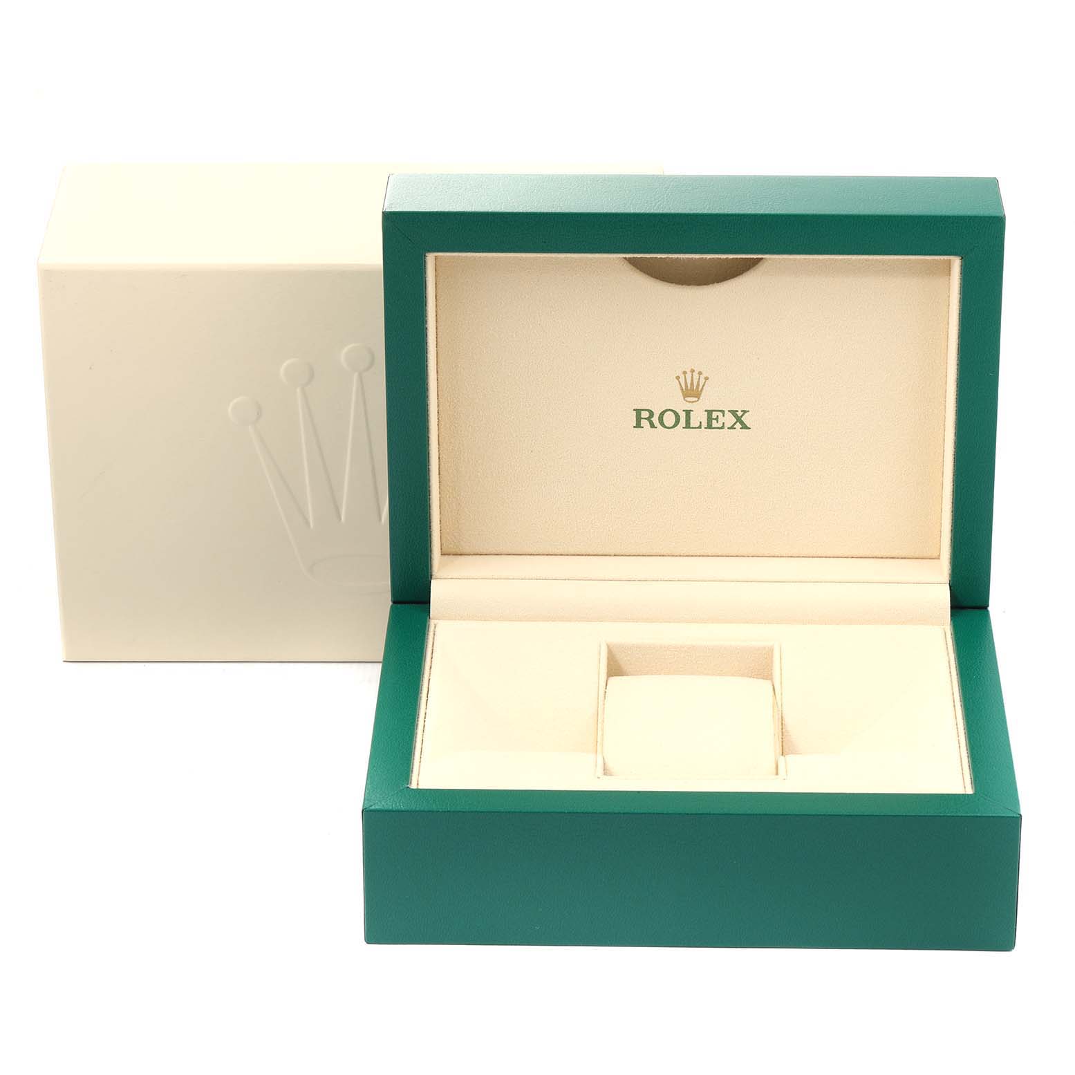 This image displays an open Rolex Datejust 116234 Men's Stainless Steel Blue Dial 116234 Men's Stainless Steel Blue Dial watch box, showcasing the interior and branding.