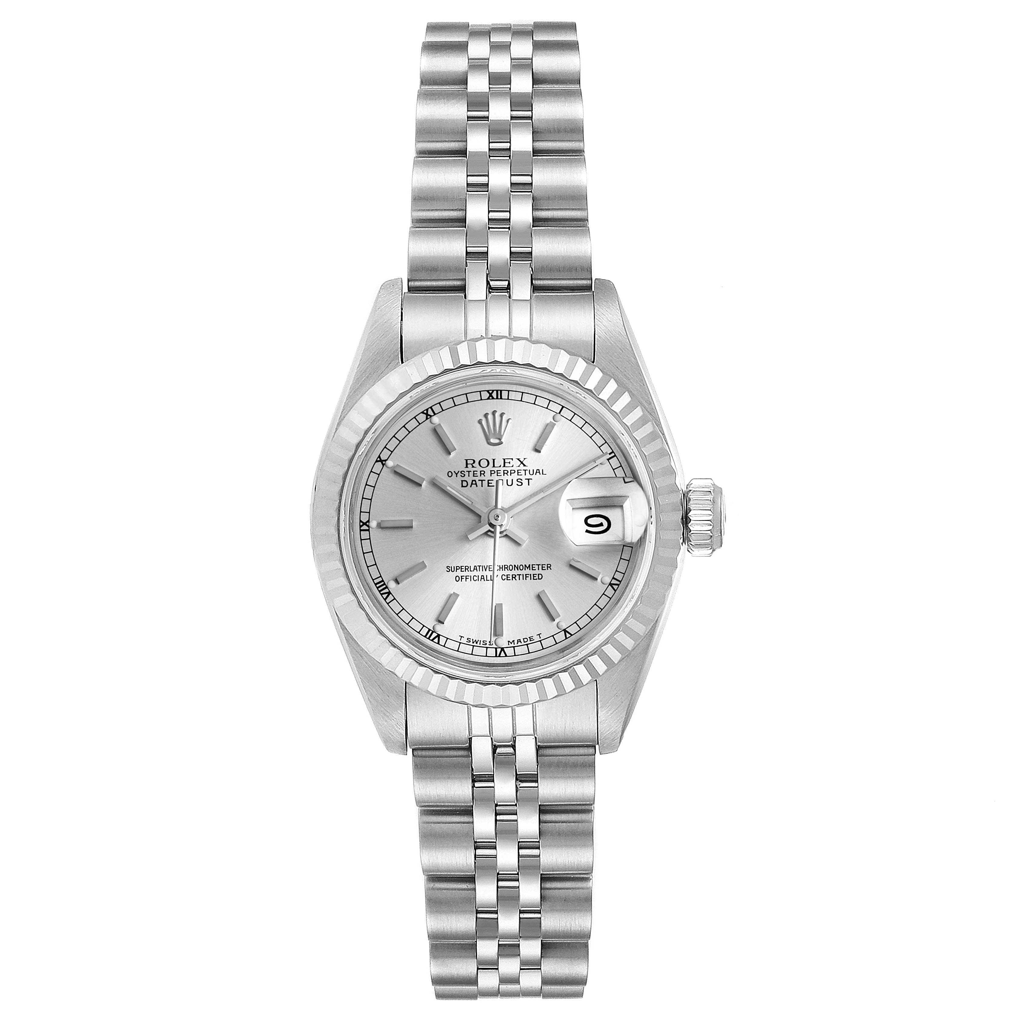 The image shows a frontal view of a Rolex Datejust 69174 Women's Stainless Steel Silver Dial 69174 Women's Stainless Steel Silver Dial watch, displaying the dial, bezel, bracelet, and crown.