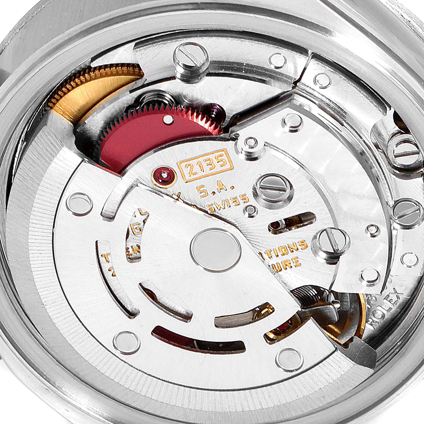 This image shows a close-up view of the mechanical movement inside a Rolex Datejust 69174 Women's Stainless Steel Silver Dial 69174 Women's Stainless Steel Silver Dial watch.