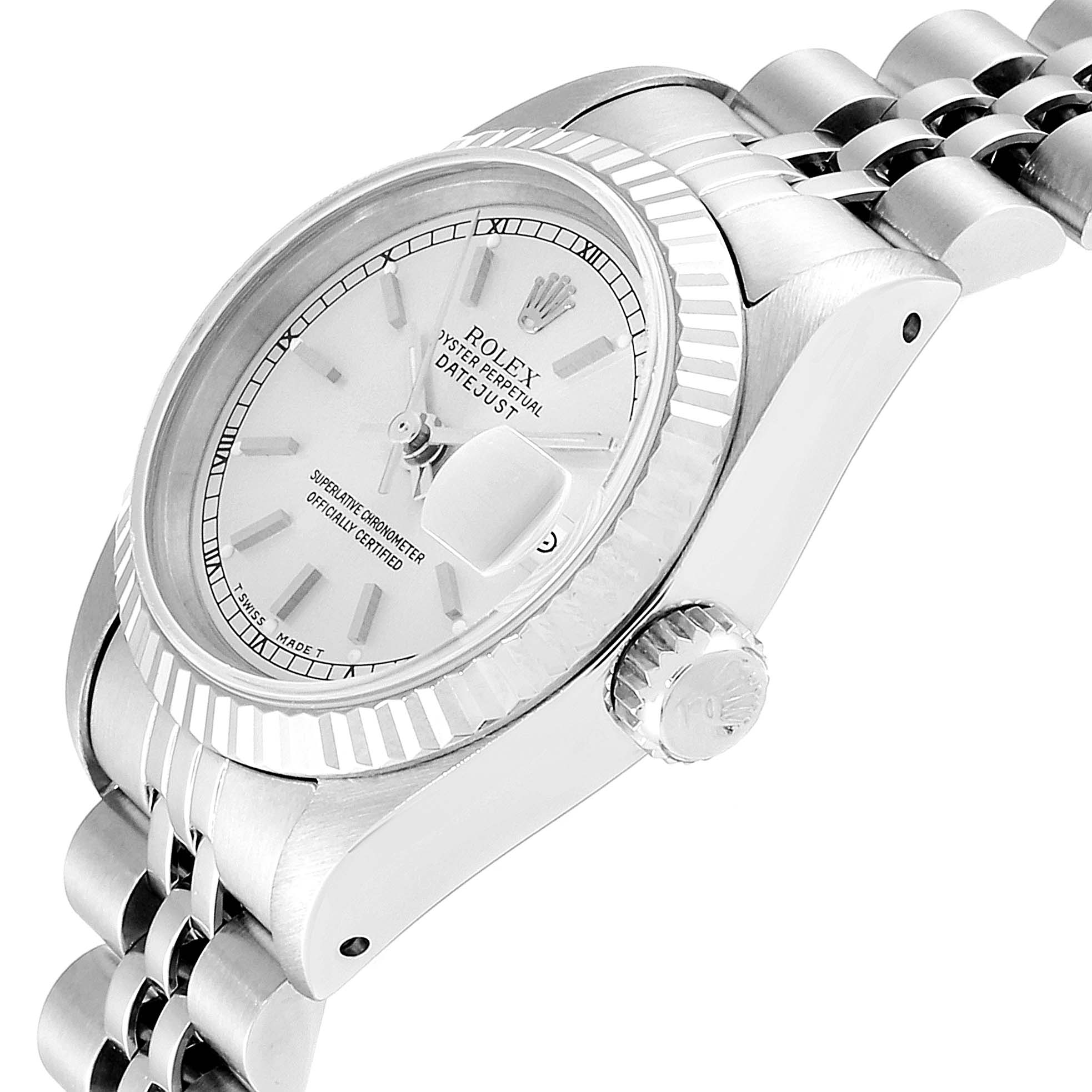 The image shows a side view of the Rolex Datejust 69174 Women's Stainless Steel Silver Dial 69174 Women's Stainless Steel Silver Dial watch, highlighting the bezel, crown, and part of the bracelet.