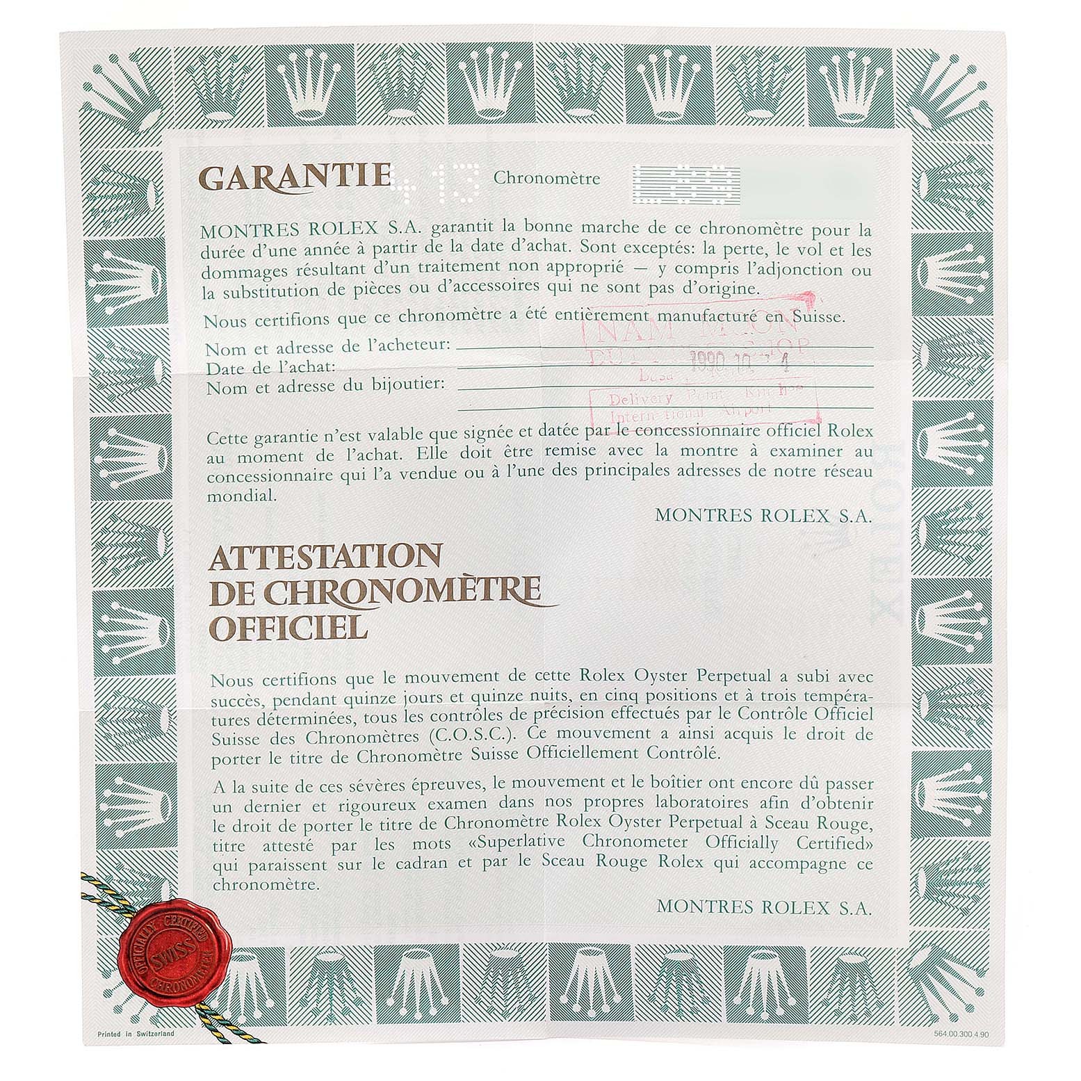 This image shows the warranty and chronometer certificate for a Rolex Datejust 69174 Women's Stainless Steel Silver Dial 69174 Women's Stainless Steel Silver Dial watch.