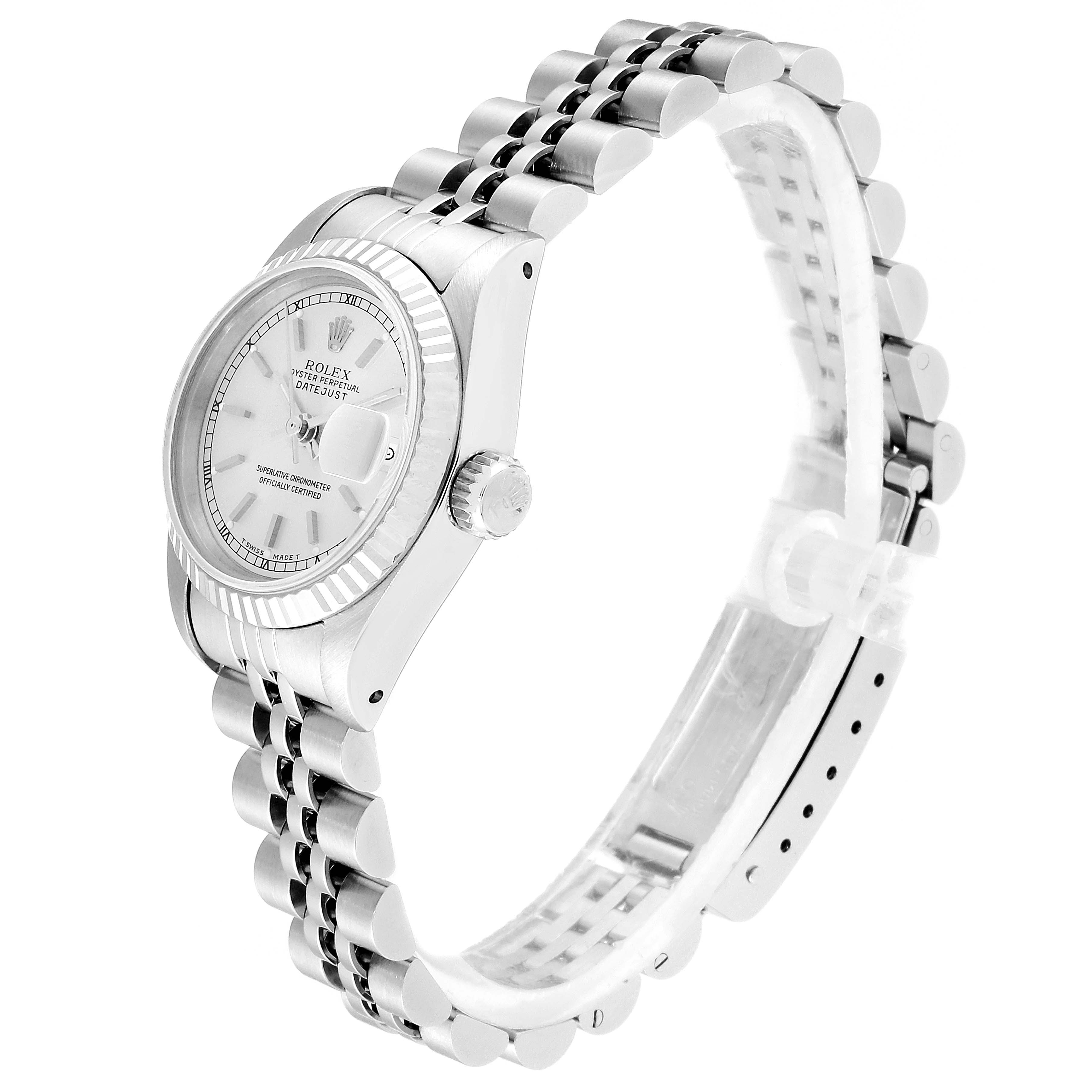 This image shows a side-angle view of a Rolex Datejust 69174 Women's Stainless Steel Silver Dial 69174 Women's Stainless Steel Silver Dial watch, highlighting the watch face, bezel, and bracelet.