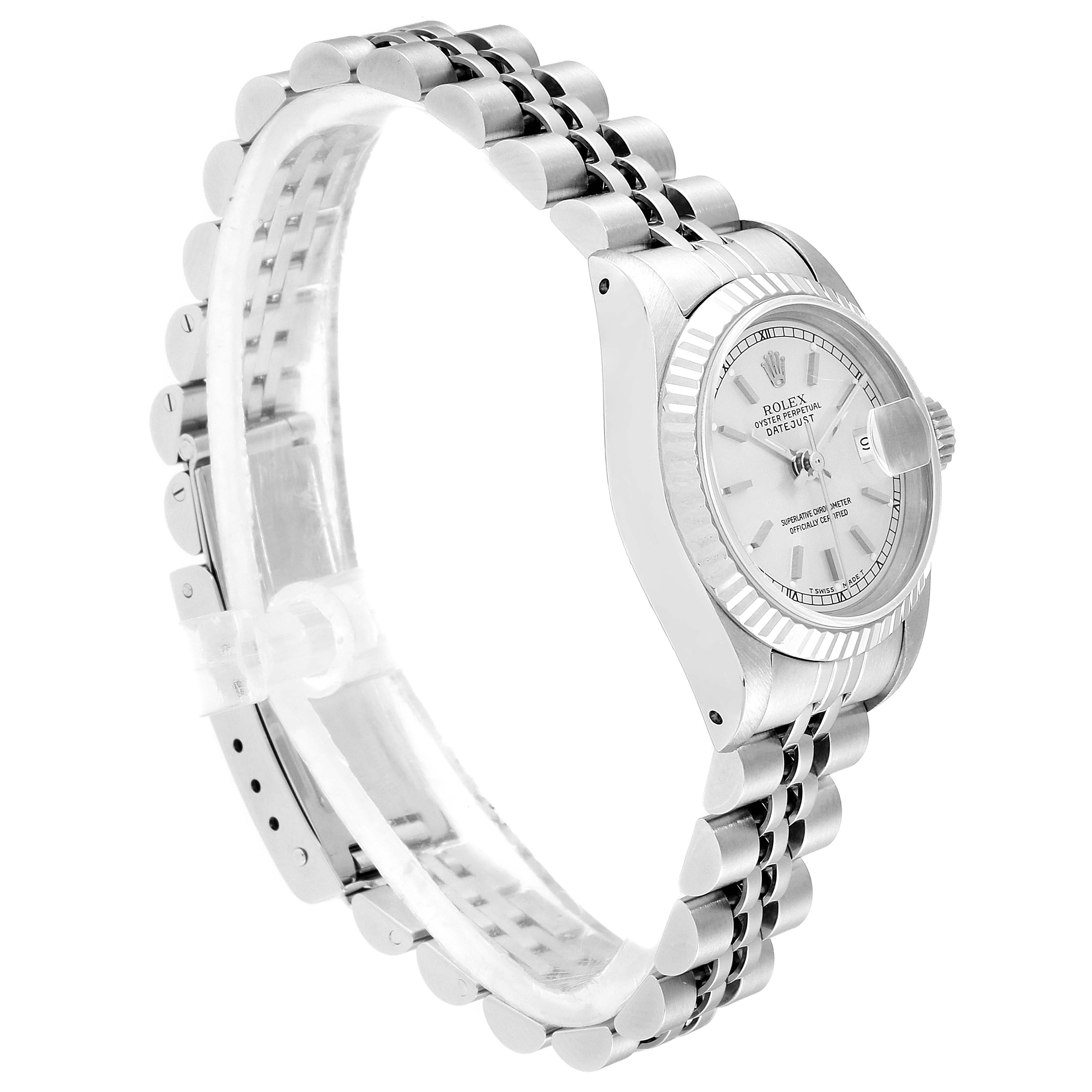 The image shows a side angle of a Rolex Datejust 69174 Women's Stainless Steel Silver Dial 69174 Women's Stainless Steel Silver Dial watch, highlighting the bracelet, case, and dial.