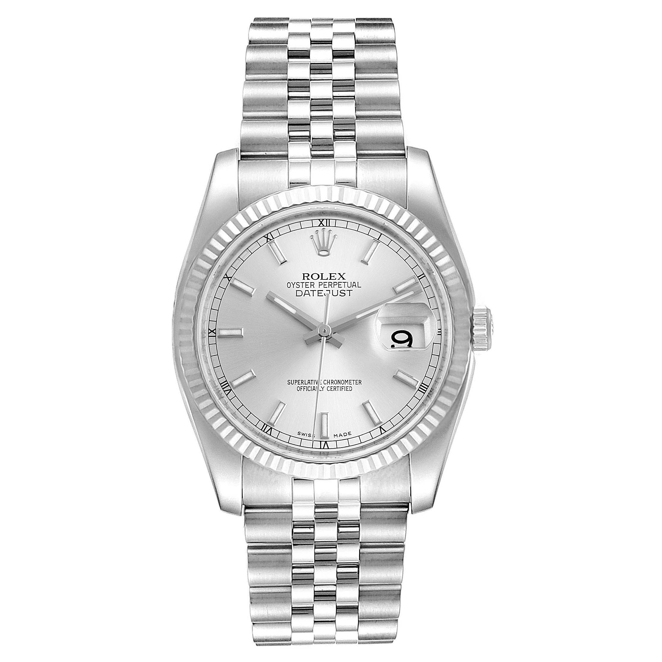 This image shows a full front view of a Rolex Datejust 116234 Men's Stainless Steel Silver Dial 116234 Men's Stainless Steel Silver Dial watch, displaying the dial and stainless steel bracelet.