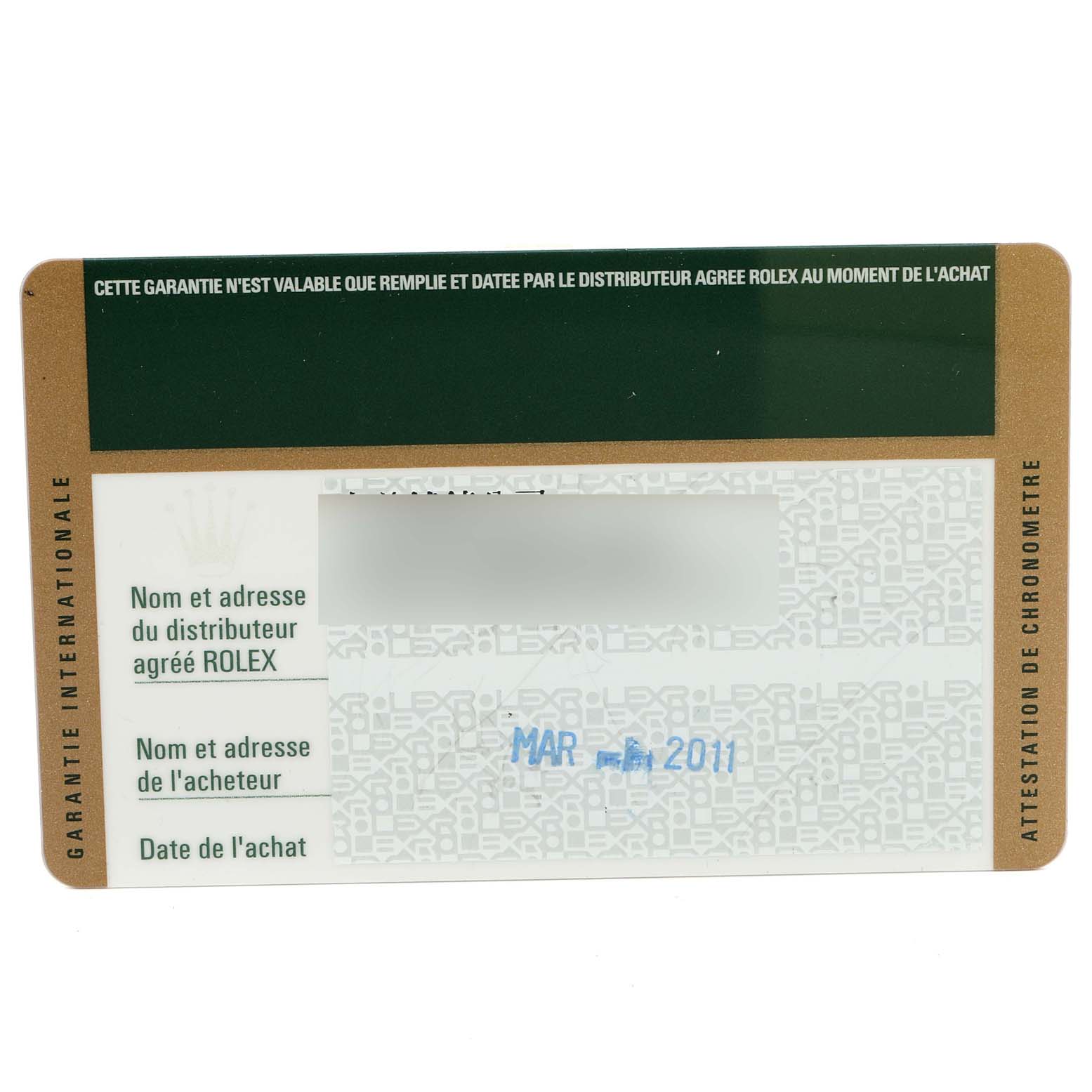 This image shows a warranty card for the Rolex Datejust 116234 Men's Stainless Steel Silver Dial 116234 Men's Stainless Steel Silver Dial model viewed from the front.