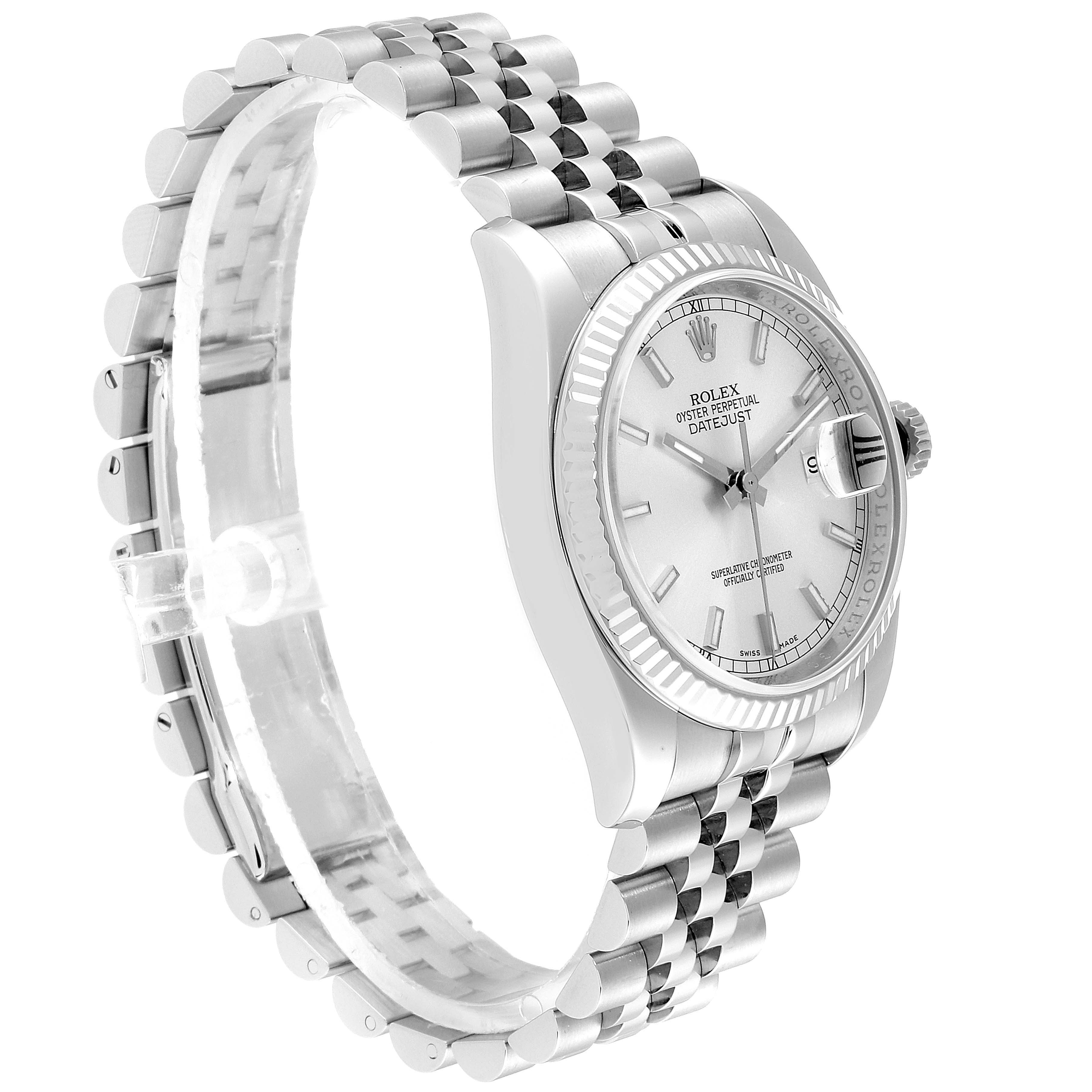 This image shows a side-angle view of the Rolex Datejust 116234 Men's Stainless Steel Silver Dial 116234 Men's Stainless Steel Silver Dial watch displaying the face, bezel, crown, and part of the bracelet.