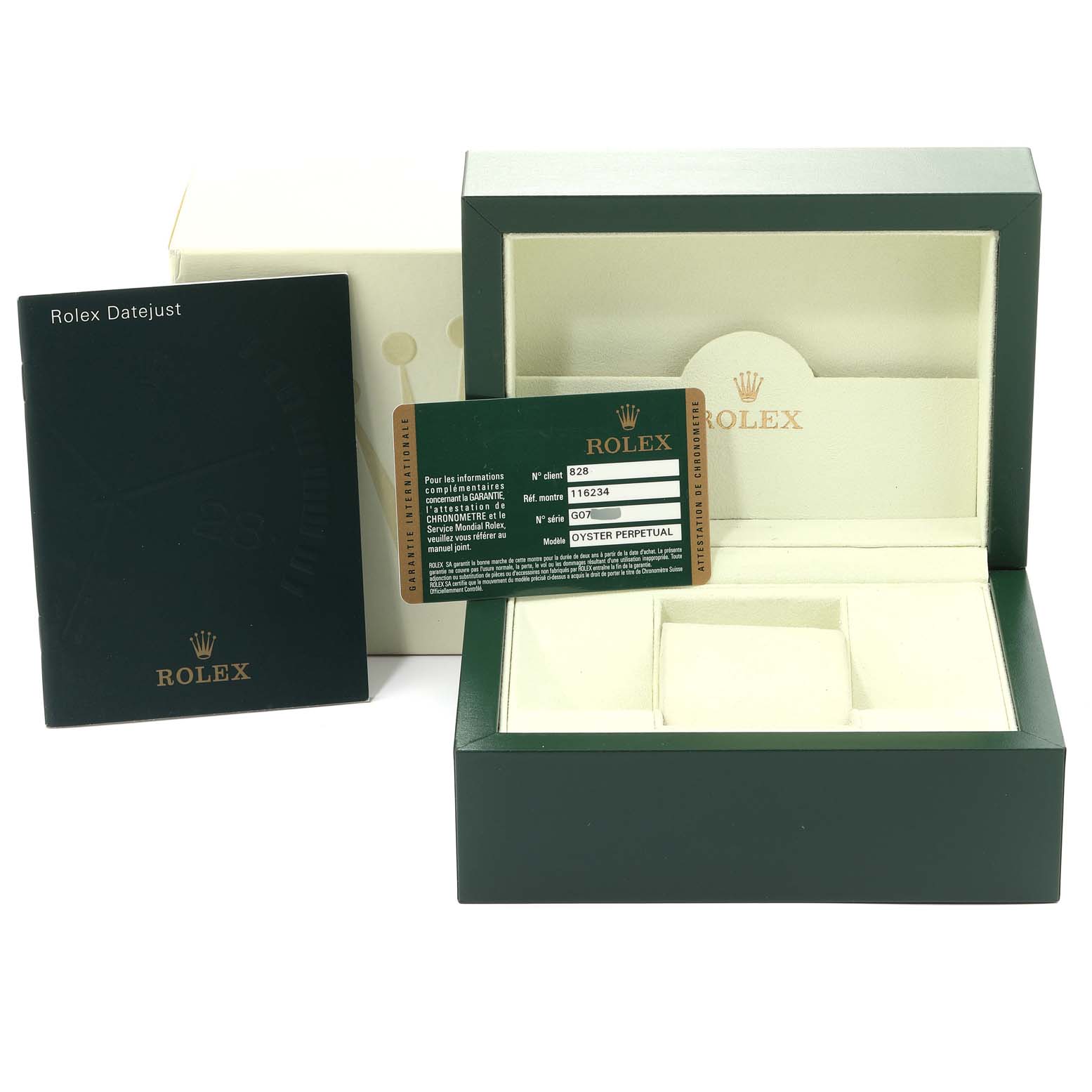 This image displays the packaging and papers for a Rolex Datejust 116234 Men's Stainless Steel Silver Dial 116234 Men's Stainless Steel Silver Dial, including the box, instruction booklet, and warranty card.
