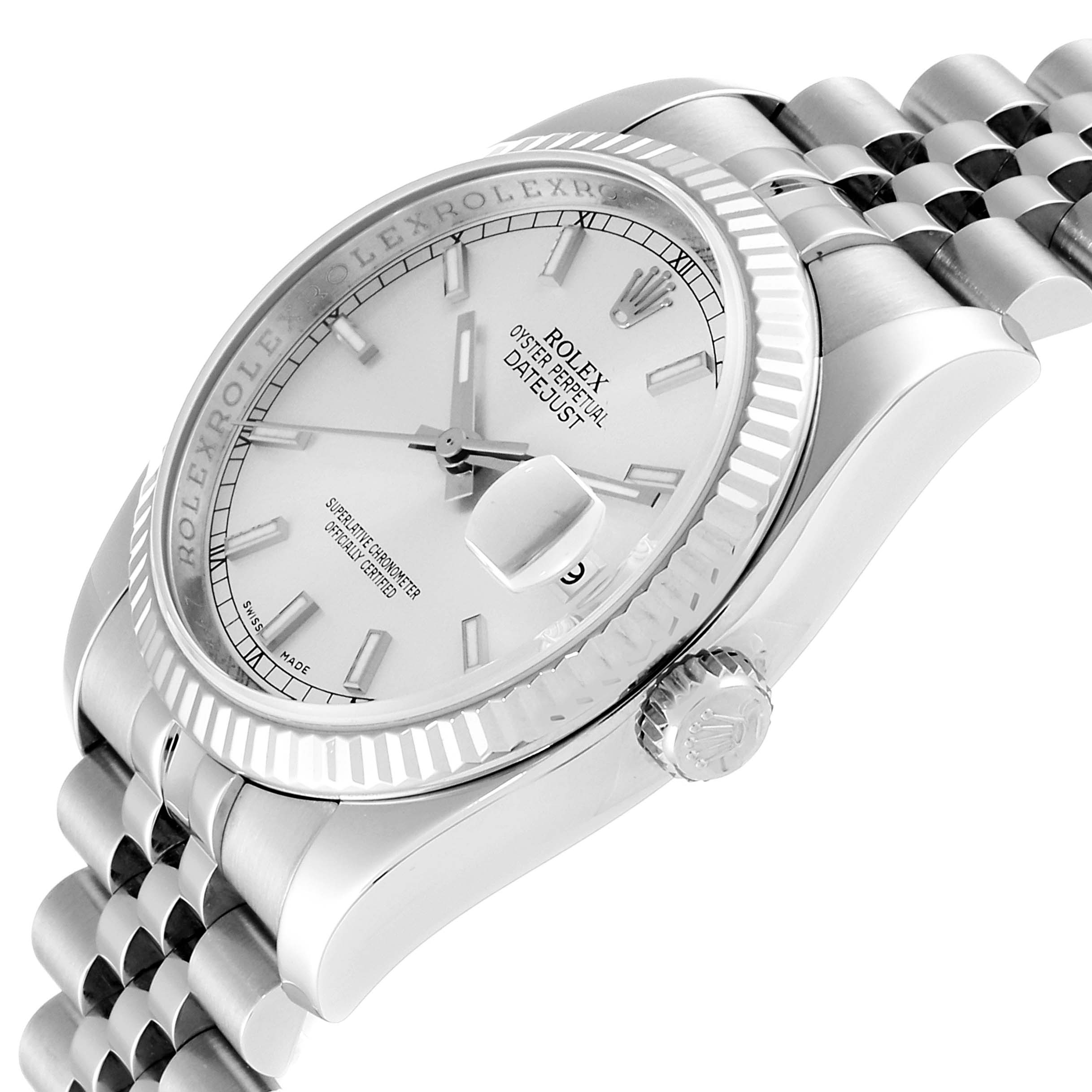 This image shows a side angle of a Rolex Datejust 116234 Men's Stainless Steel Silver Dial 116234 Men's Stainless Steel Silver Dial watch, highlighting the dial, crown, bezel, and bracelet.