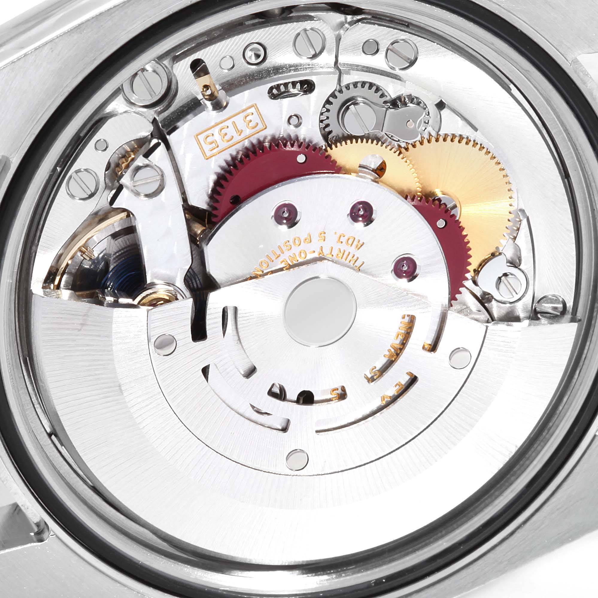 This is an image of the internal mechanism of a Rolex Datejust 116234 Men's Stainless Steel Silver Dial 116234 Men's Stainless Steel Silver Dial watch, showing the intricate gears and movement parts.