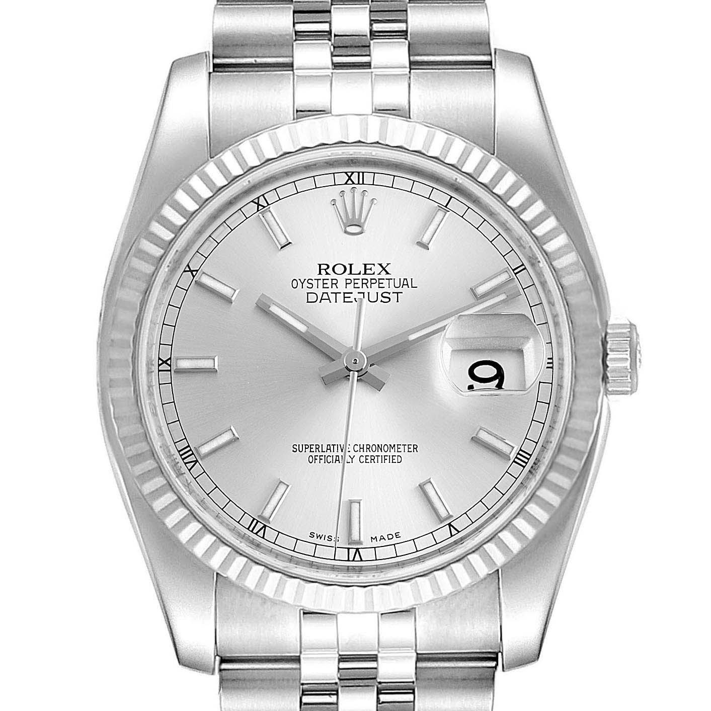 The Rolex Datejust 116234 Men's Stainless Steel Silver Dial 116234 Men's Stainless Steel Silver Dial watch is shown from a front angle, displaying its dial, hands, bezel, and part of the bracelet.