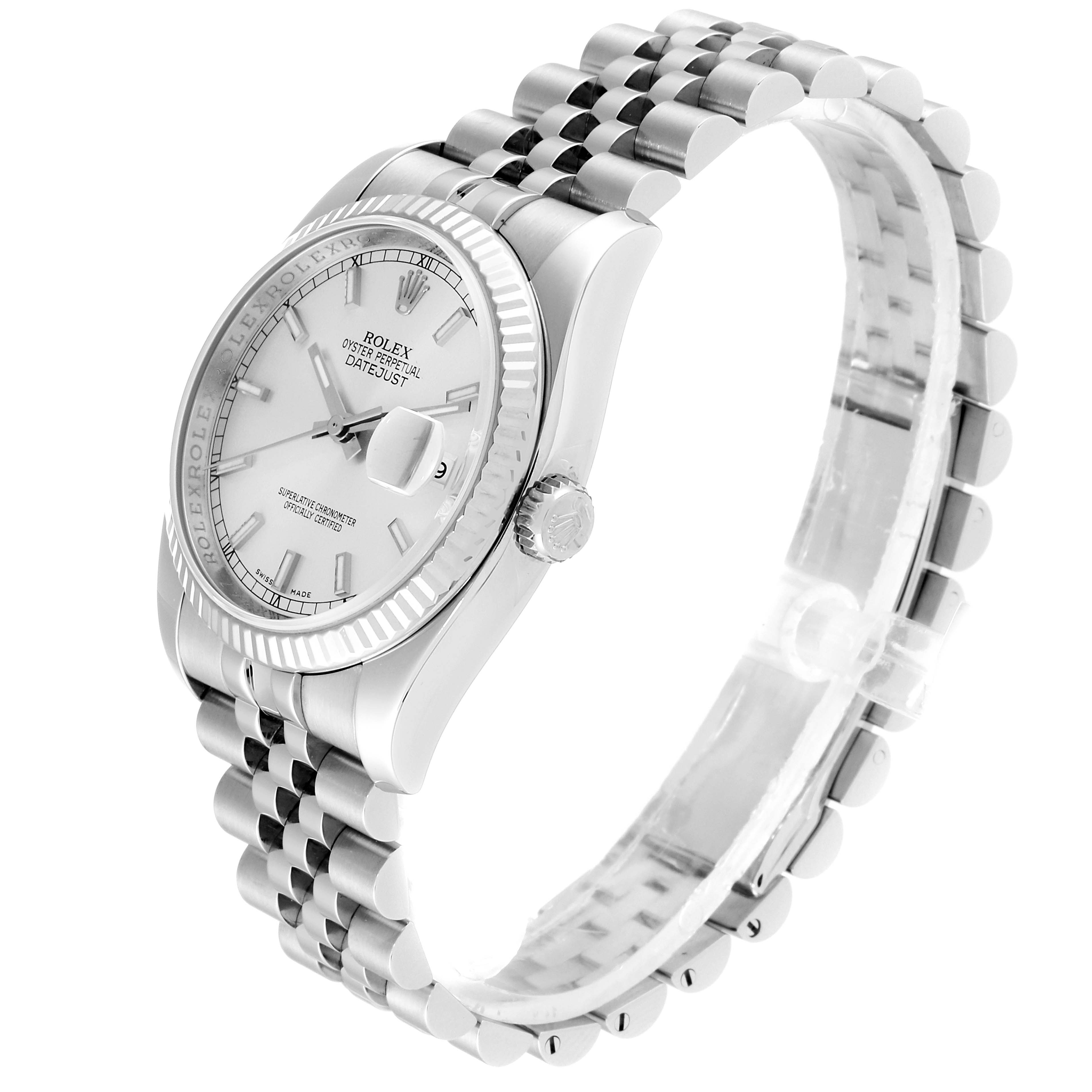 This image shows a Rolex Datejust 116234 Men's Stainless Steel Silver Dial 116234 Men's Stainless Steel Silver Dial model watch angled slightly from the right side, displaying its dial, case, and Jubilee bracelet.