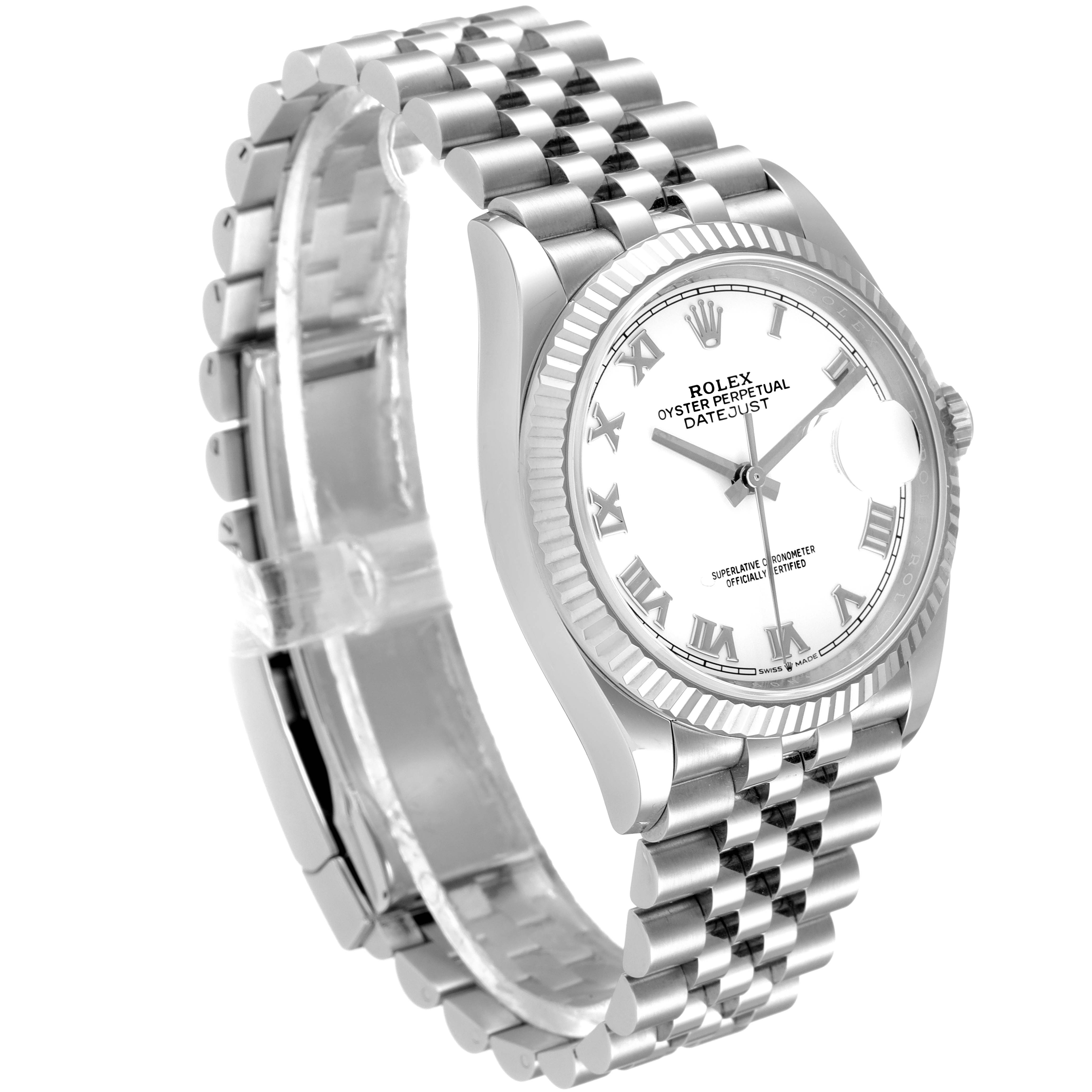 The image shows a Rolex Datejust 126234 Men's Stainless Steel White Dial 126234 Men's Stainless Steel White Dial watch angled to display its face, bezel, and jubilee bracelet.
