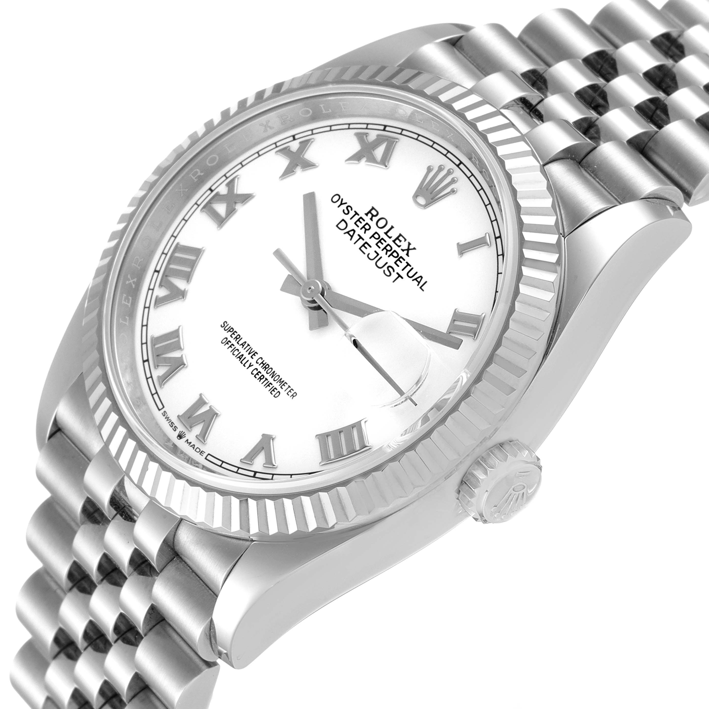 The Rolex Datejust 126234 Men's Stainless Steel White Dial 126234 Men's Stainless Steel White Dial watch is shown from an angled side view, highlighting the face, bezel, crown, and bracelet.