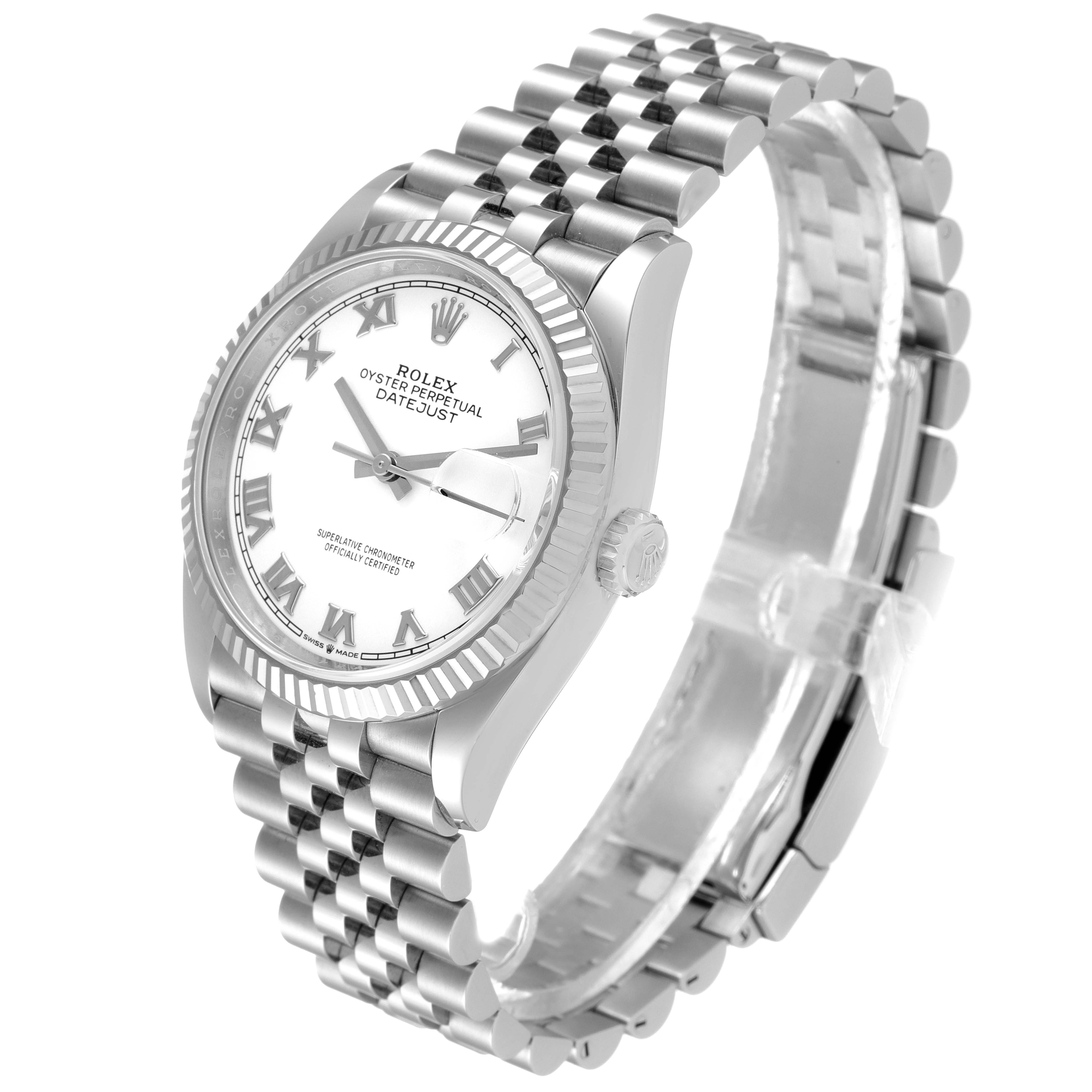 The Rolex Datejust 126234 Men's Stainless Steel White Dial 126234 Men's Stainless Steel White Dial watch is shown at a slight angle, displaying its bracelet, dial, crown, and case.