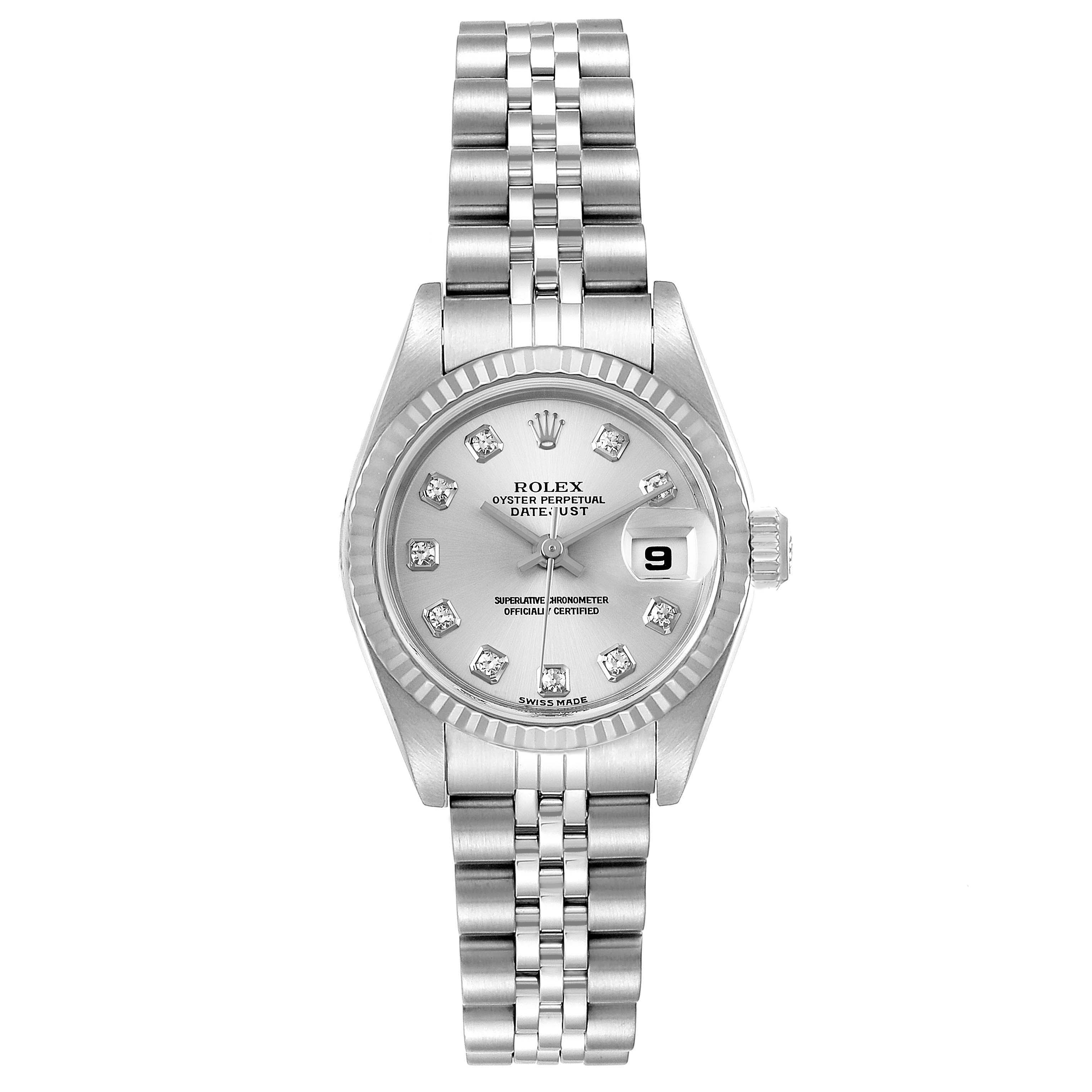 The image shows a front view of a Rolex Datejust 79174 Women
s Stainless Steel Silver Dial 79174 Women
s Stainless Steel Silver Dial watch, highlighting the face, bezel, and bracelet.