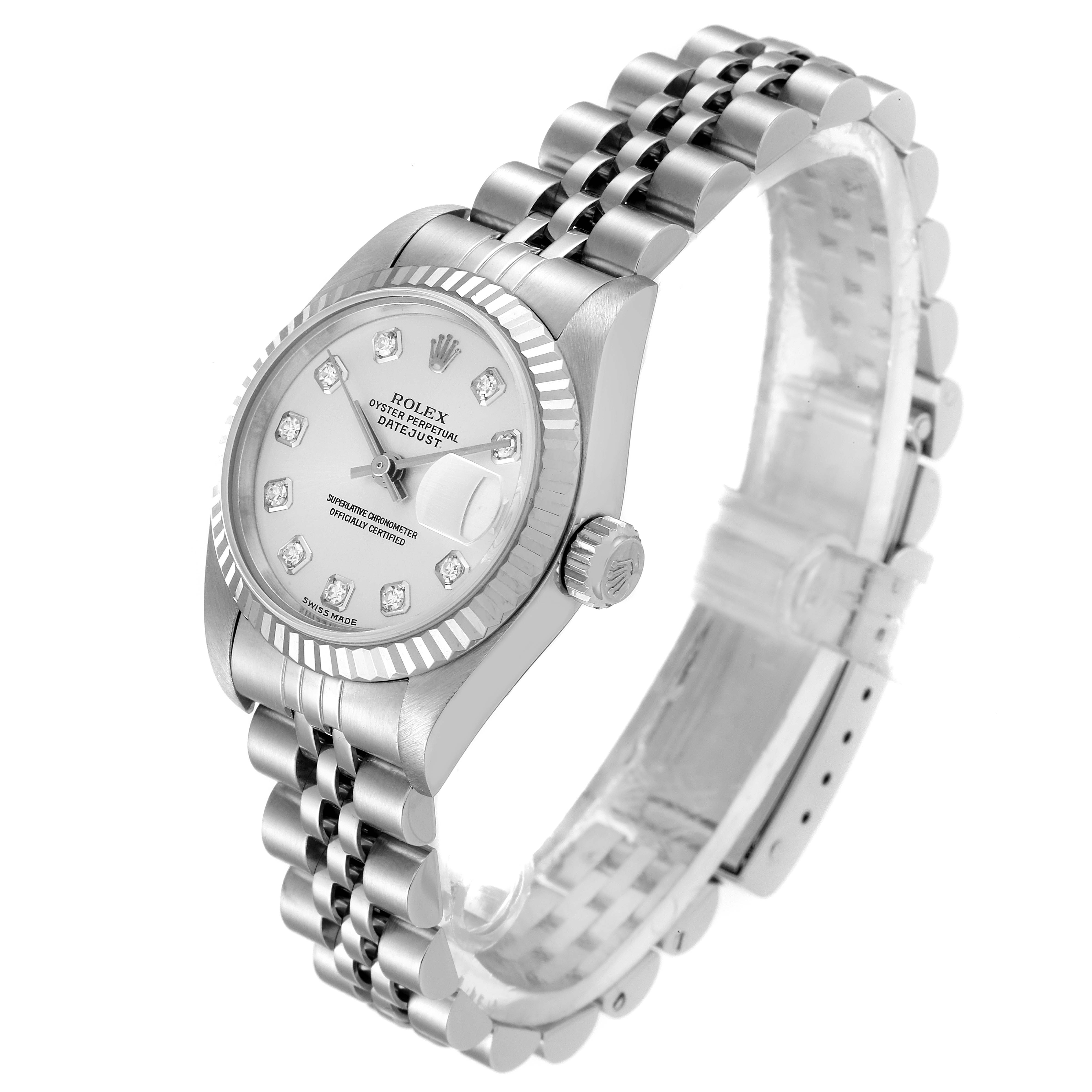 This image shows the Rolex Datejust 79174 Women
s Stainless Steel Silver Dial 79174 Women
s Stainless Steel Silver Dial watch at a three-quarter angle focusing on the dial, bezel, and bracelet.
