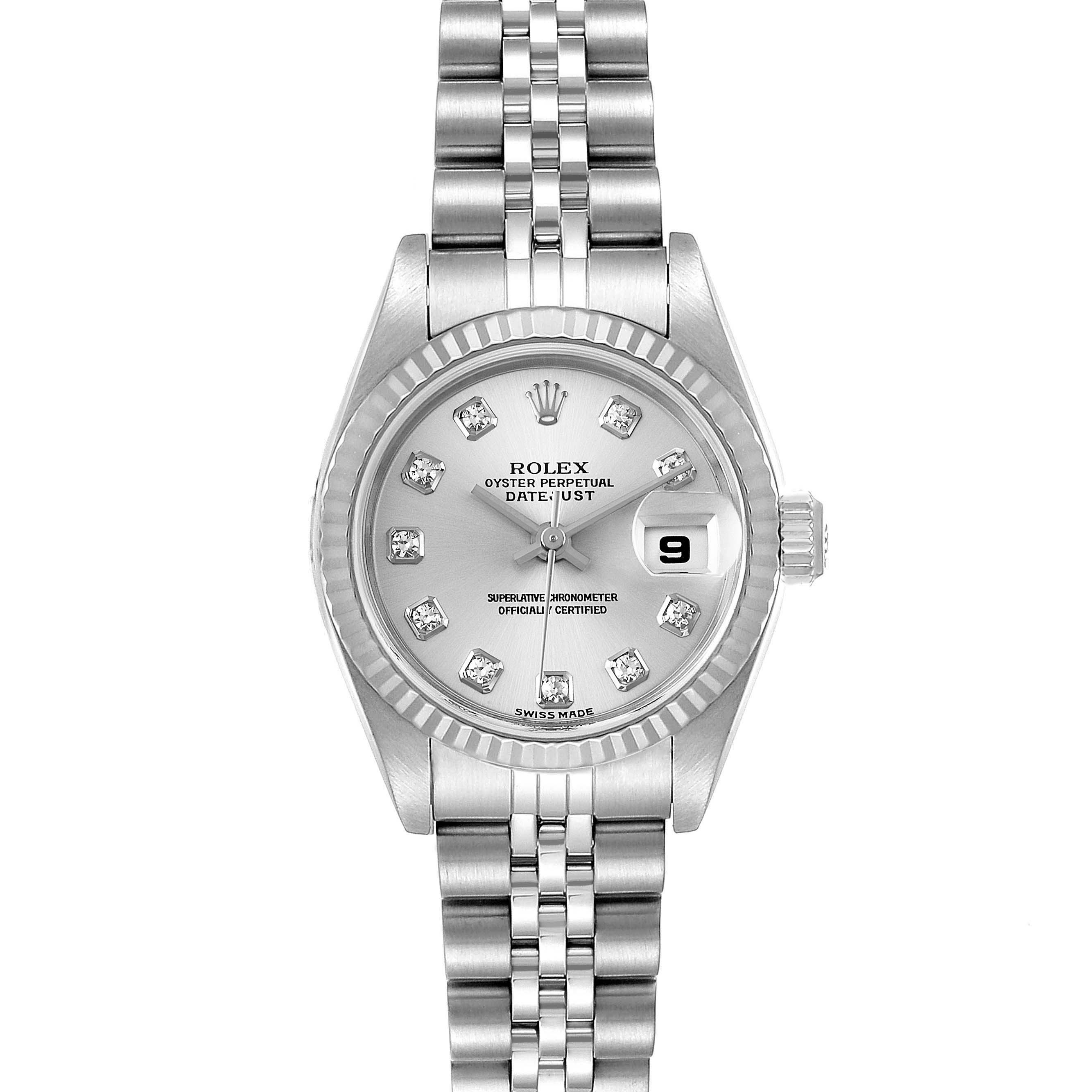 The Rolex Datejust 79174 Women
s Stainless Steel Silver Dial 79174 Women
s Stainless Steel Silver Dial watch is shown from a top-down angle, featuring its jubilee bracelet, silver dial, and date window.