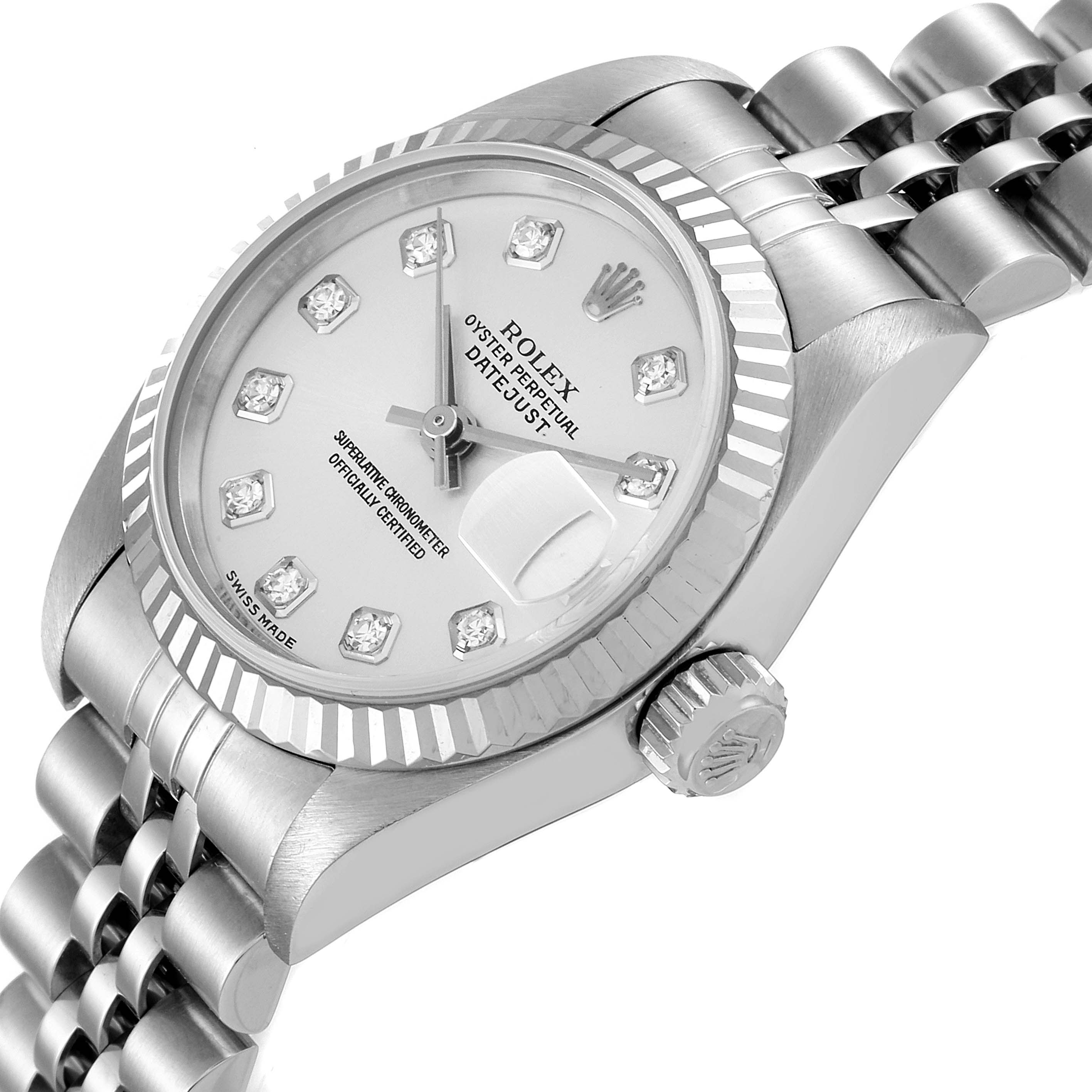 The Rolex Datejust 79174 Women
s Stainless Steel Silver Dial 79174 Women
s Stainless Steel Silver Dial watch is shown from a slightly tilted side angle, displaying the crown, case, dial, and part of the bracelet.