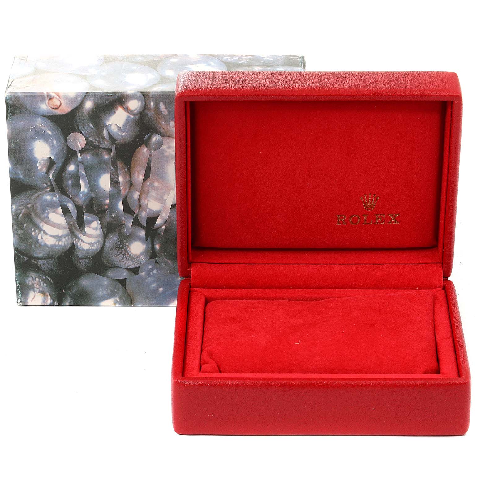 The image shows a Rolex Datejust 79174 Women
s Stainless Steel Silver Dial 79174 Women
s Stainless Steel Silver Dial watch red box with the lid open, next to its outer decorative box.