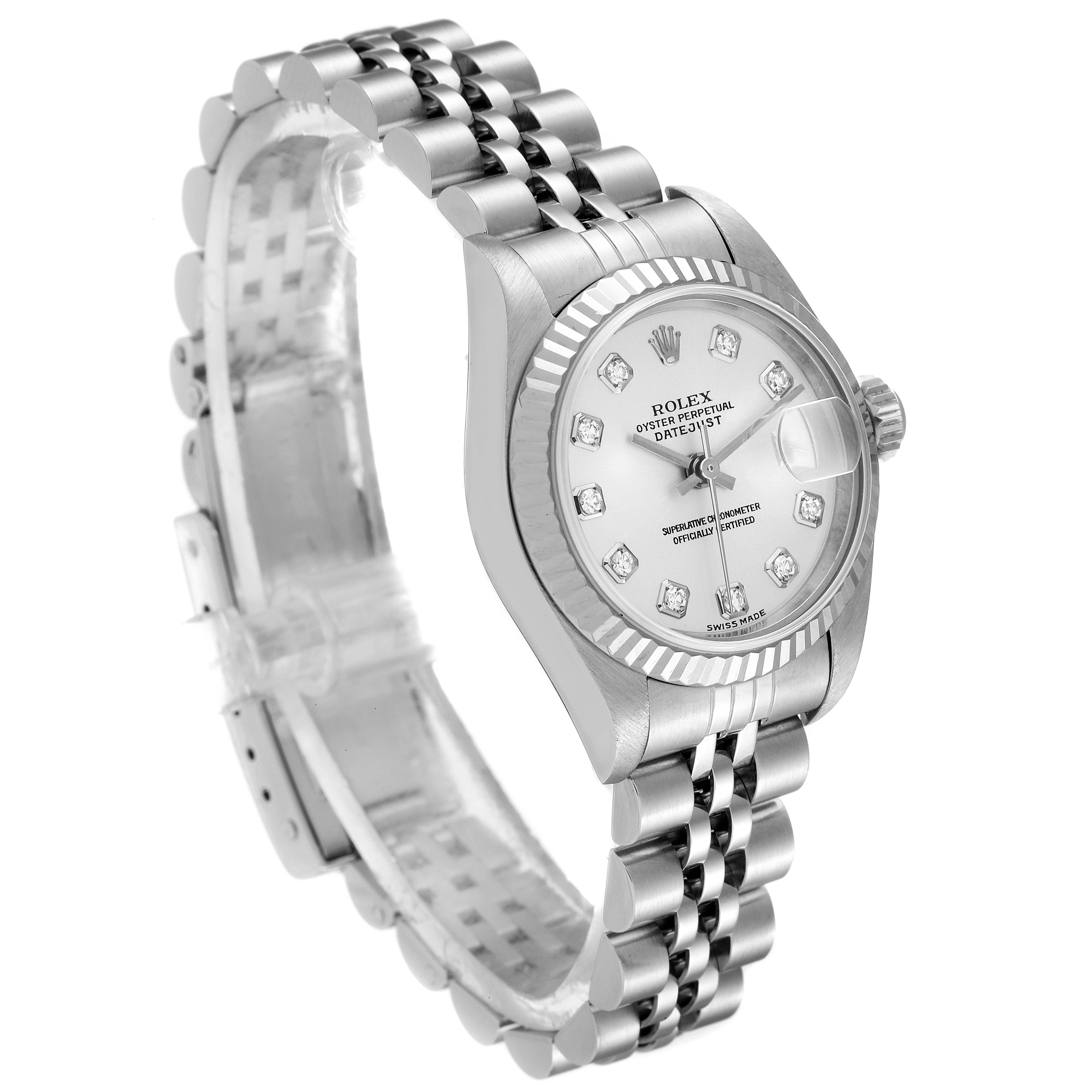 This image shows the Rolex Datejust 79174 Women
s Stainless Steel Silver Dial 79174 Women
s Stainless Steel Silver Dial watch from an angled side profile, highlighting its bracelet, bezel, and dial.