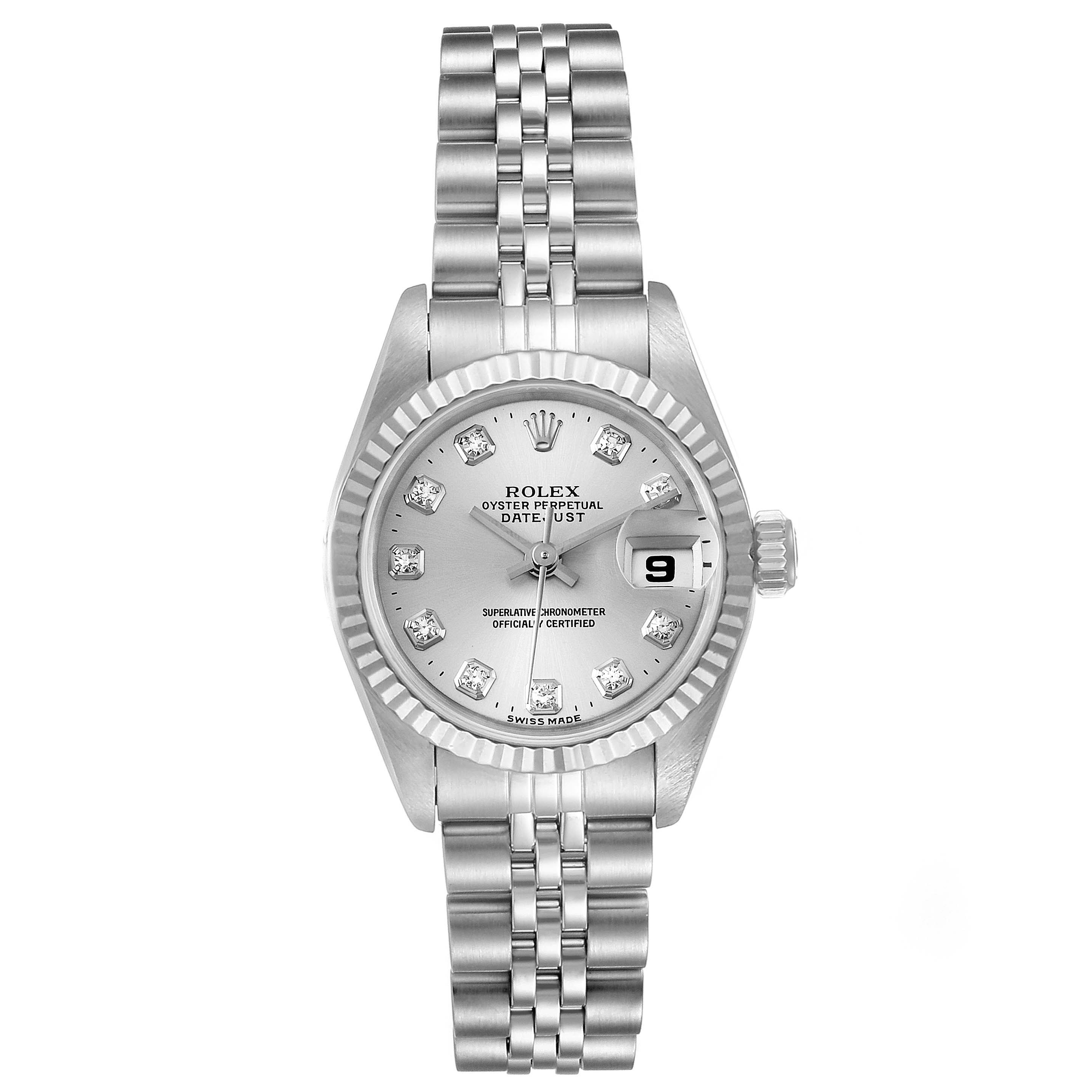 The image shows a Rolex Datejust 69174 Women
s Stainless Steel Silver Dial 69174 Women
s Stainless Steel Silver Dial watch from a straight-on angle, displaying the dial, bezel, case, and bracelet.
