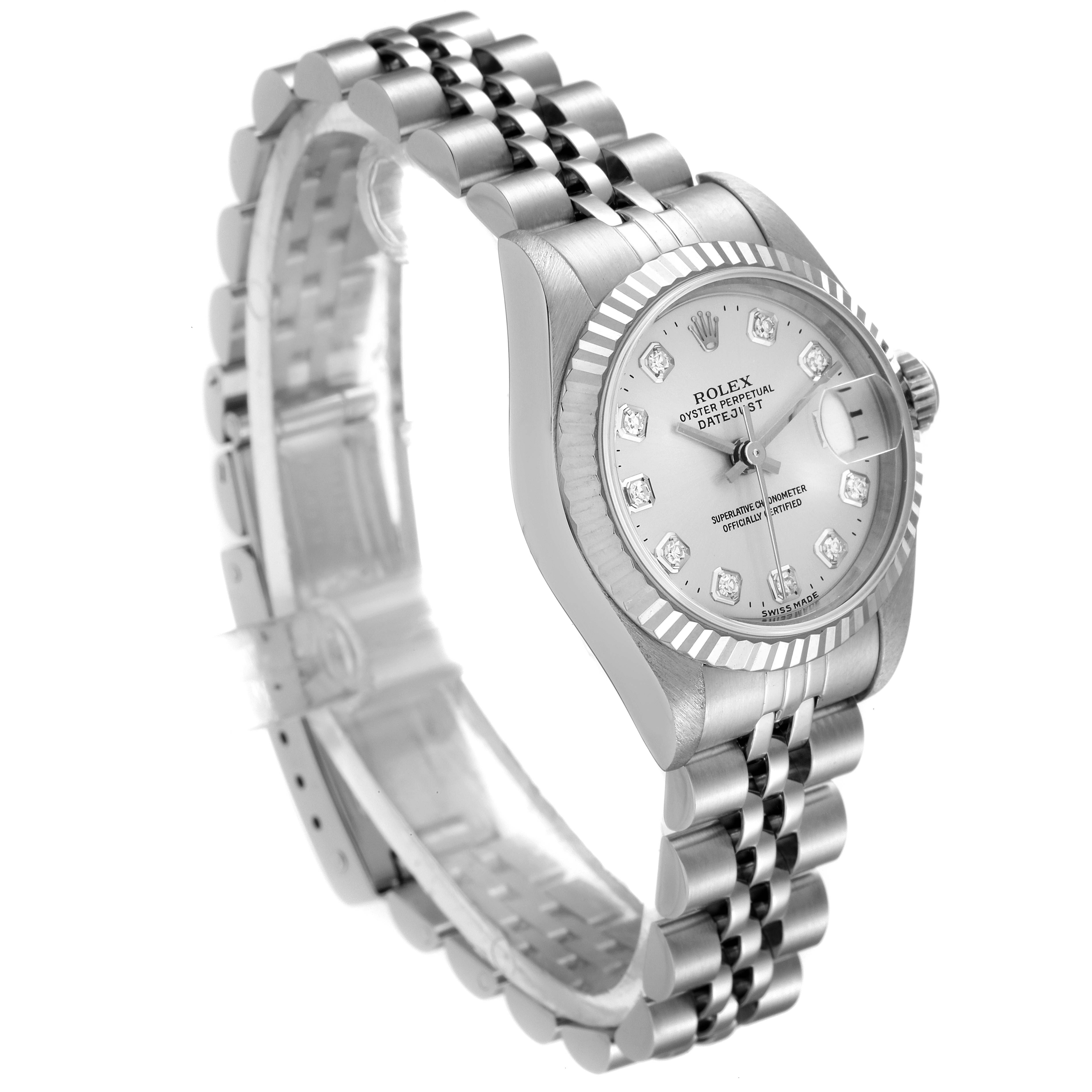 The image displays a Rolex Datejust 69174 Women
s Stainless Steel Silver Dial 69174 Women
s Stainless Steel Silver Dial watch at a slight angle, showing the bracelet, dial, crown, and part of the bezel.