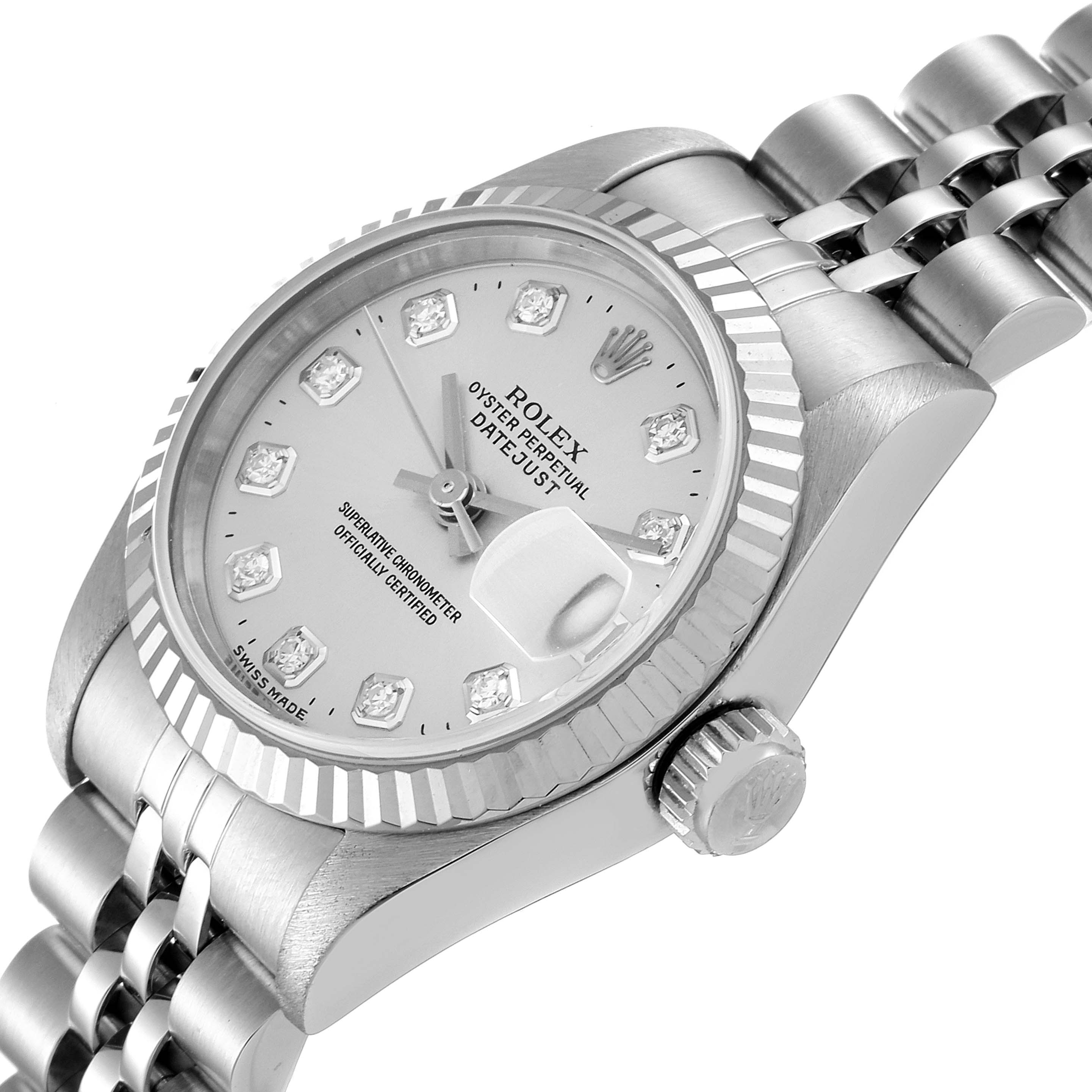 This image shows a Rolex Datejust 69174 Women
s Stainless Steel Silver Dial 69174 Women
s Stainless Steel Silver Dial watch at an angled view, highlighting the dial, bezel, crown, and bracelet.