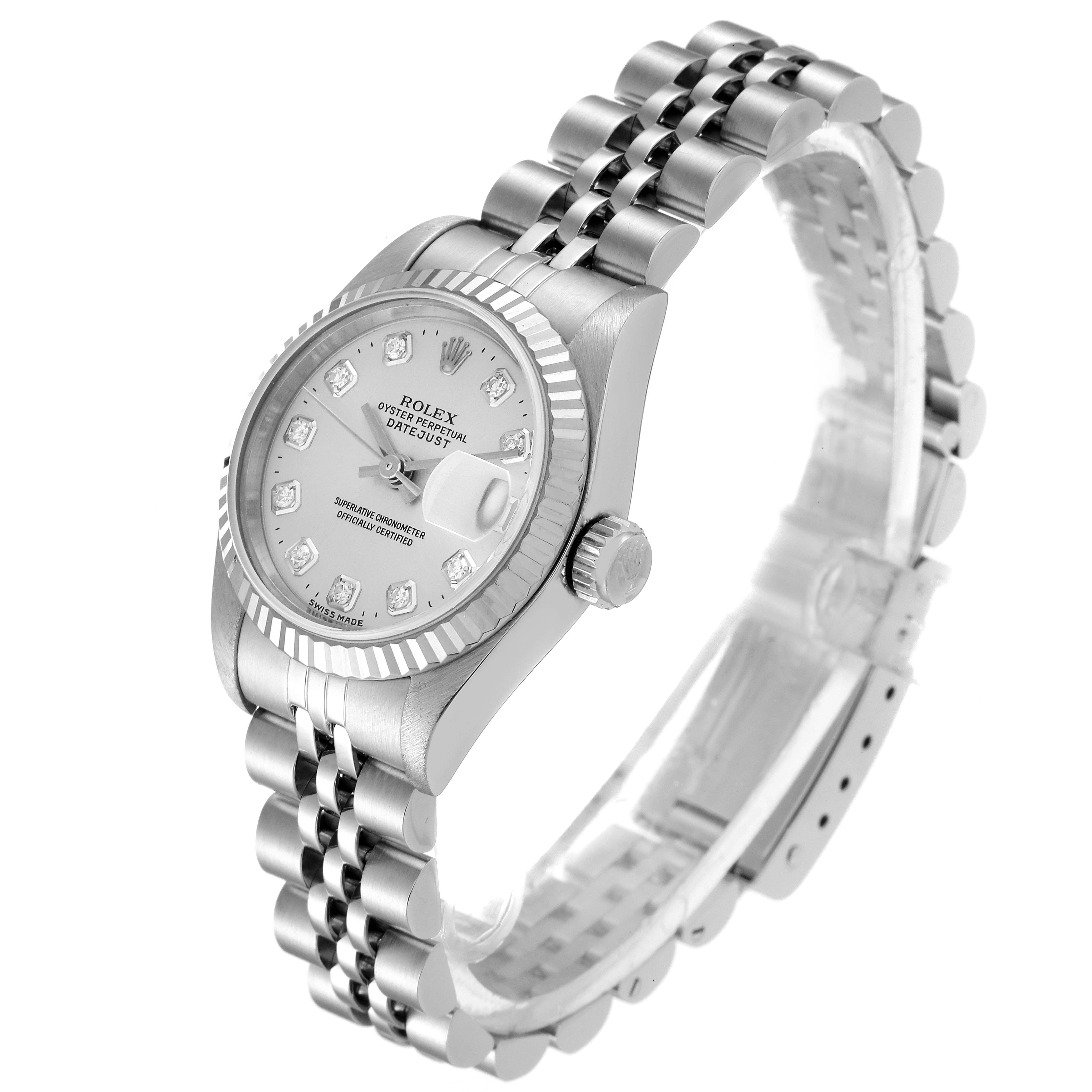 The image shows a Rolex Datejust 69174 Women
s Stainless Steel Silver Dial 69174 Women
s Stainless Steel Silver Dial watch angled diagonally, highlighting the dial, crown, and Jubilee bracelet.