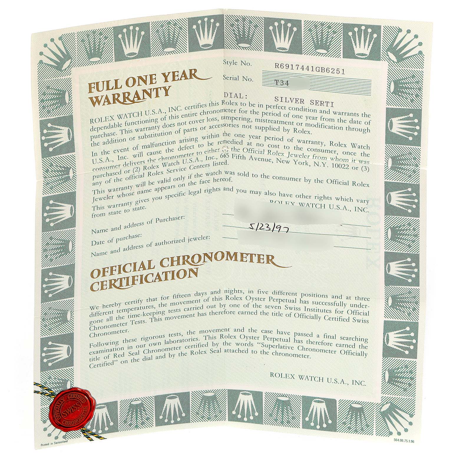 The image shows a warranty certificate for the Rolex Datejust 69174 Women
s Stainless Steel Silver Dial 69174 Women
s Stainless Steel Silver Dial model.