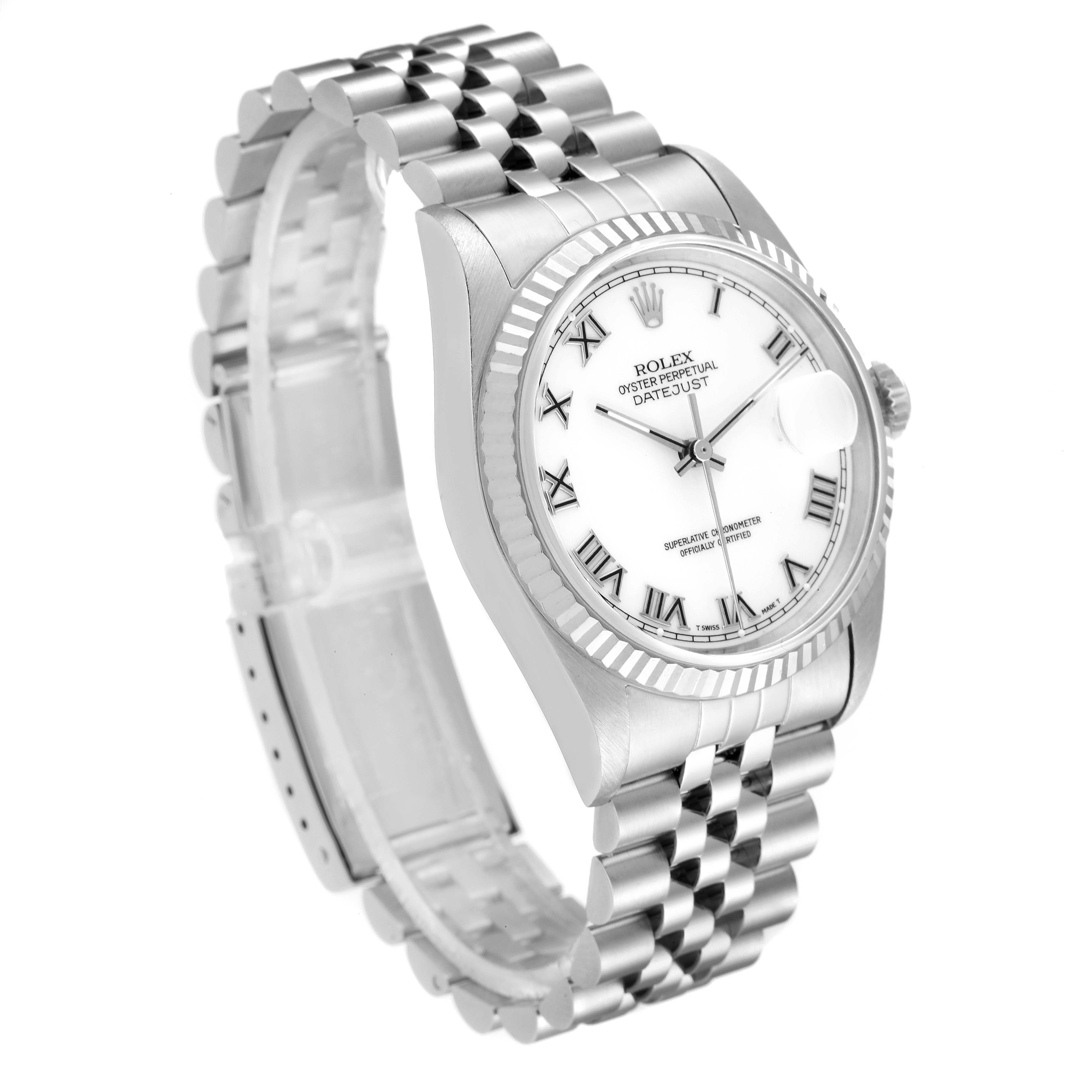 The image shows a Rolex Datejust 16234 Men's Stainless Steel White Dial 16234 Men's Stainless Steel White Dial watch at a three-quarter angle, highlighting the face, bracelet, bezel, and crown.