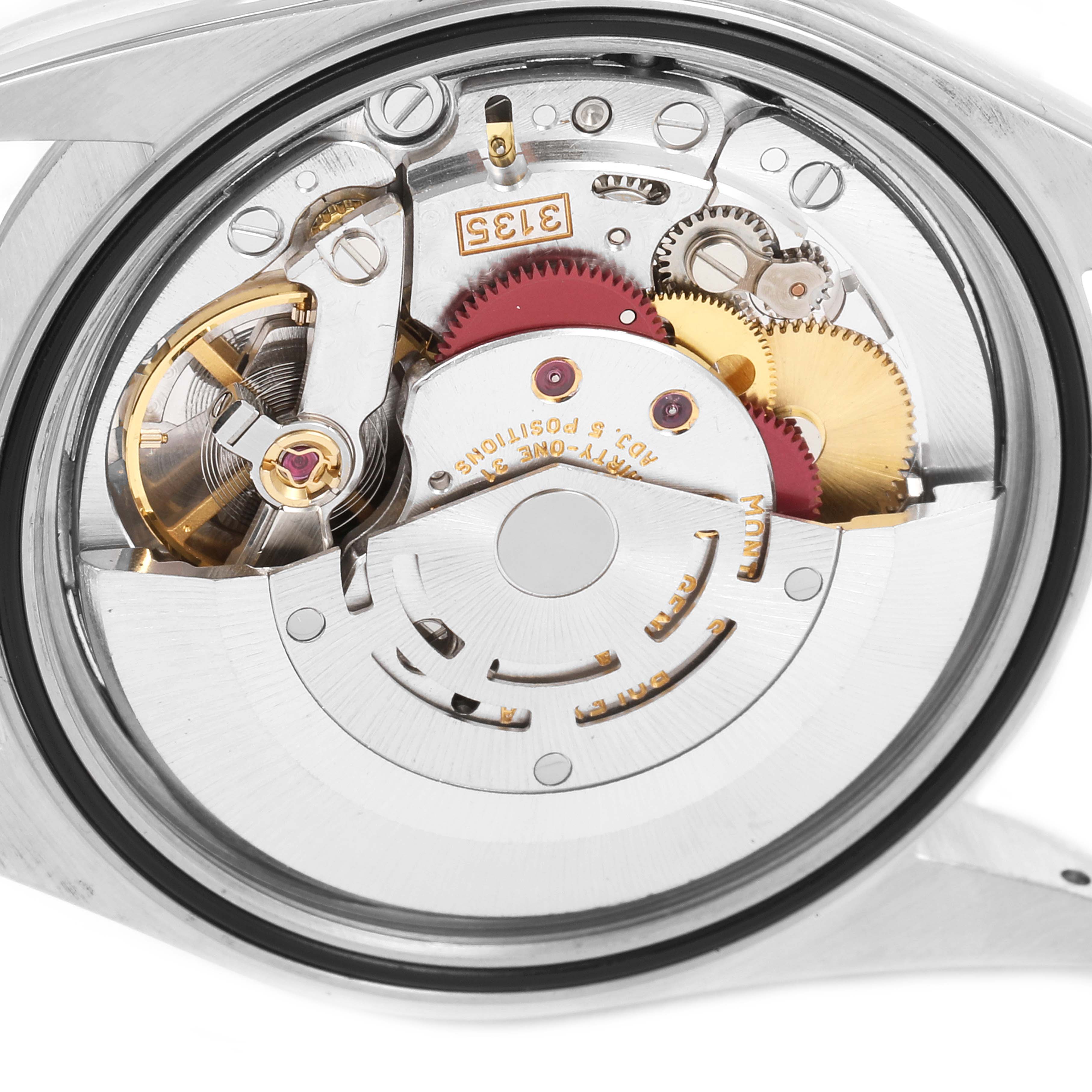 This image shows the back view of the Rolex Datejust 16234 Men's Stainless Steel White Dial 16234 Men's Stainless Steel White Dial watch, revealing the intricate details of its automatic movement mechanism.